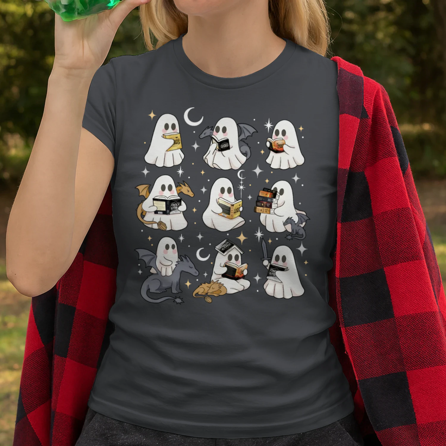 Cute Ghost Reading Heavy Cotton Dark Colors T-shirt 1 Side, Fourth Wing Series Gildan Tee, Romantasy Shirt, Book Lover Gifts