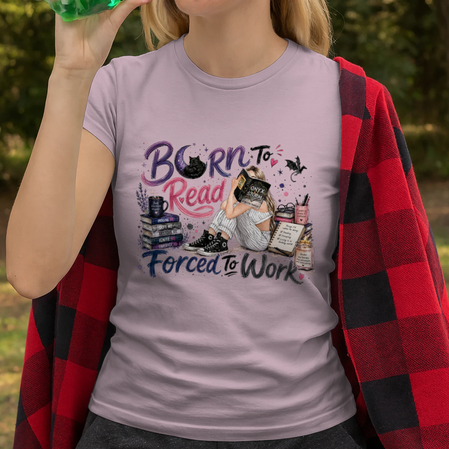 Born To Read Forced To Work Heavy Cotton Light Colors T-shirt 1 Side, Onyx Storm Gildan Tee, Romantasy Shirt, Book Lover Gifts