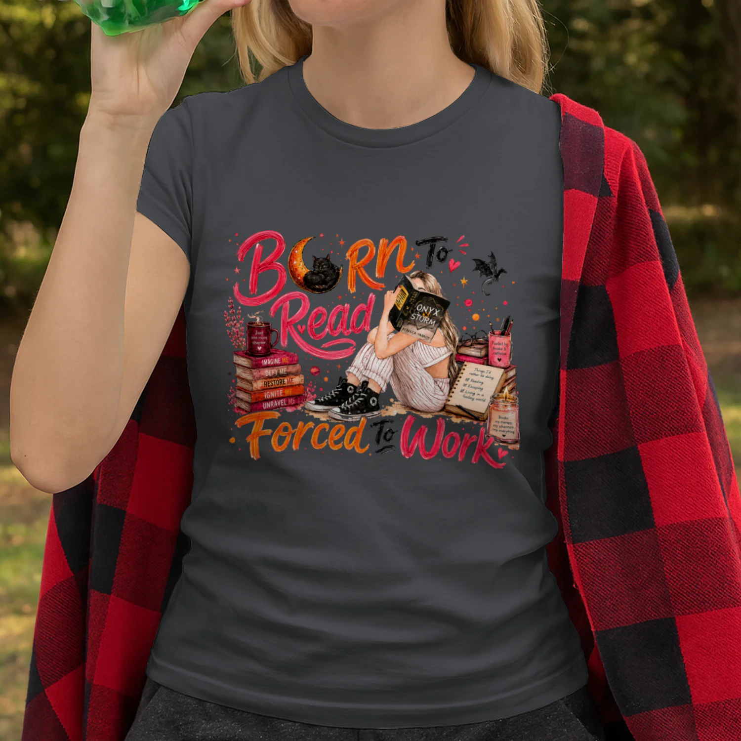 Born To Read Forced To Work Heavy Cotton Dark Colors T-shirt 1 Side, Onyx Storm Gildan Tee, Romantasy Shirt, Book Lover Gifts