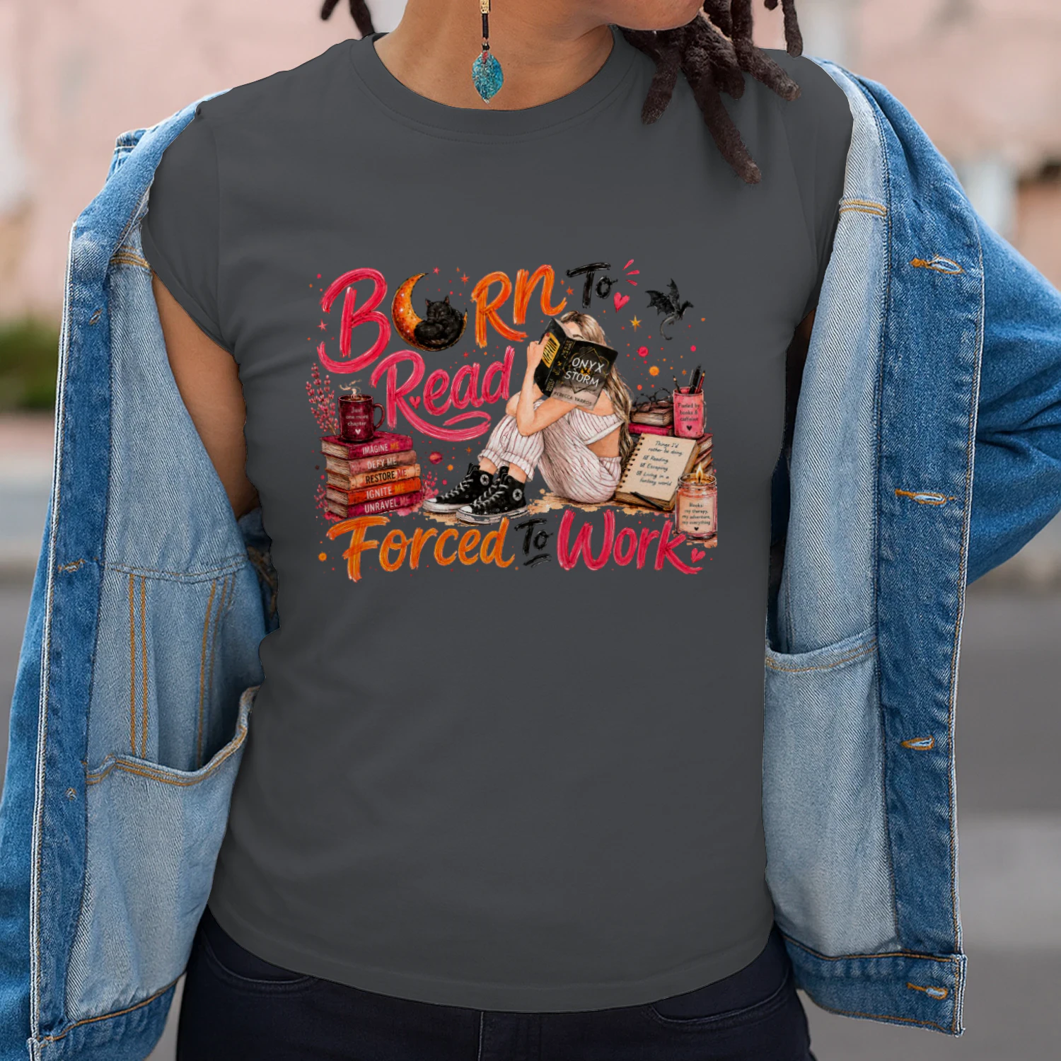 Born To Read Forced To Work Heavy Cotton Dark Colors T-shirt 1 Side, Onyx Storm Gildan Tee, Romantasy Shirt, Book Lover Gifts