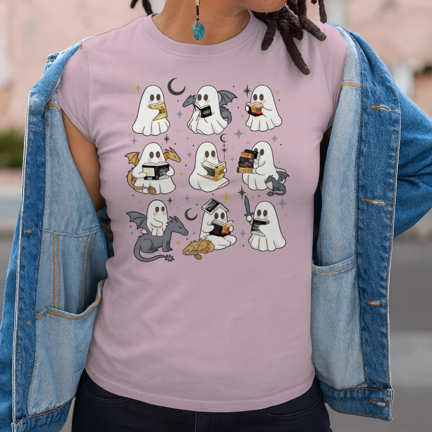 Cute Ghost Reading Heavy Cotton Light Colors T-shirt 1 Side, Fourth Wing Series Gildan Tee, Romantasy Shirt, Book Lover Gifts