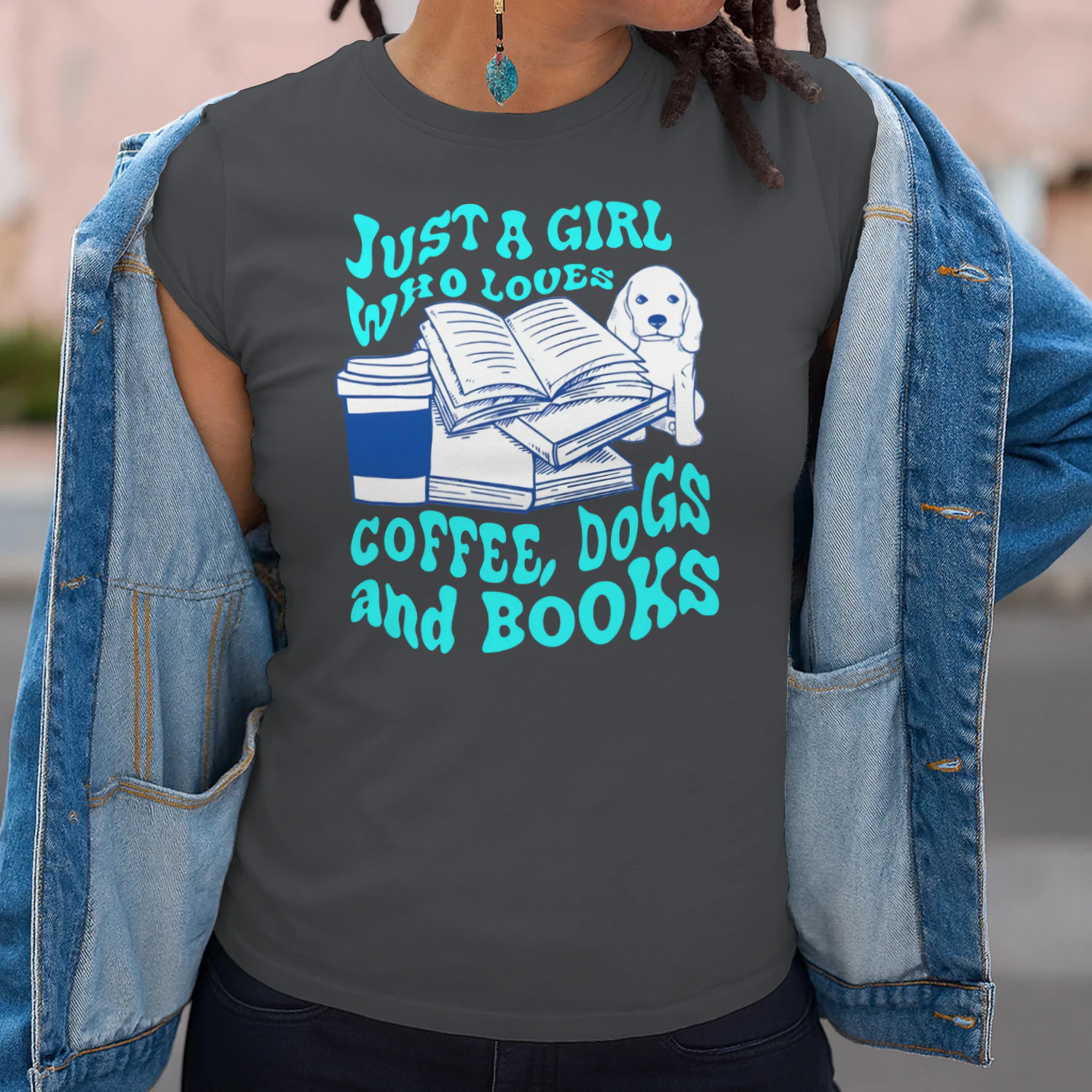 Just A Girl Who Loves Coffee, Dogs And Books Heavy Cotton Dark Colors T-shirt 1 Side, Book Club Gildan Tee, Readers Club Shirt, Book Lover Gifts