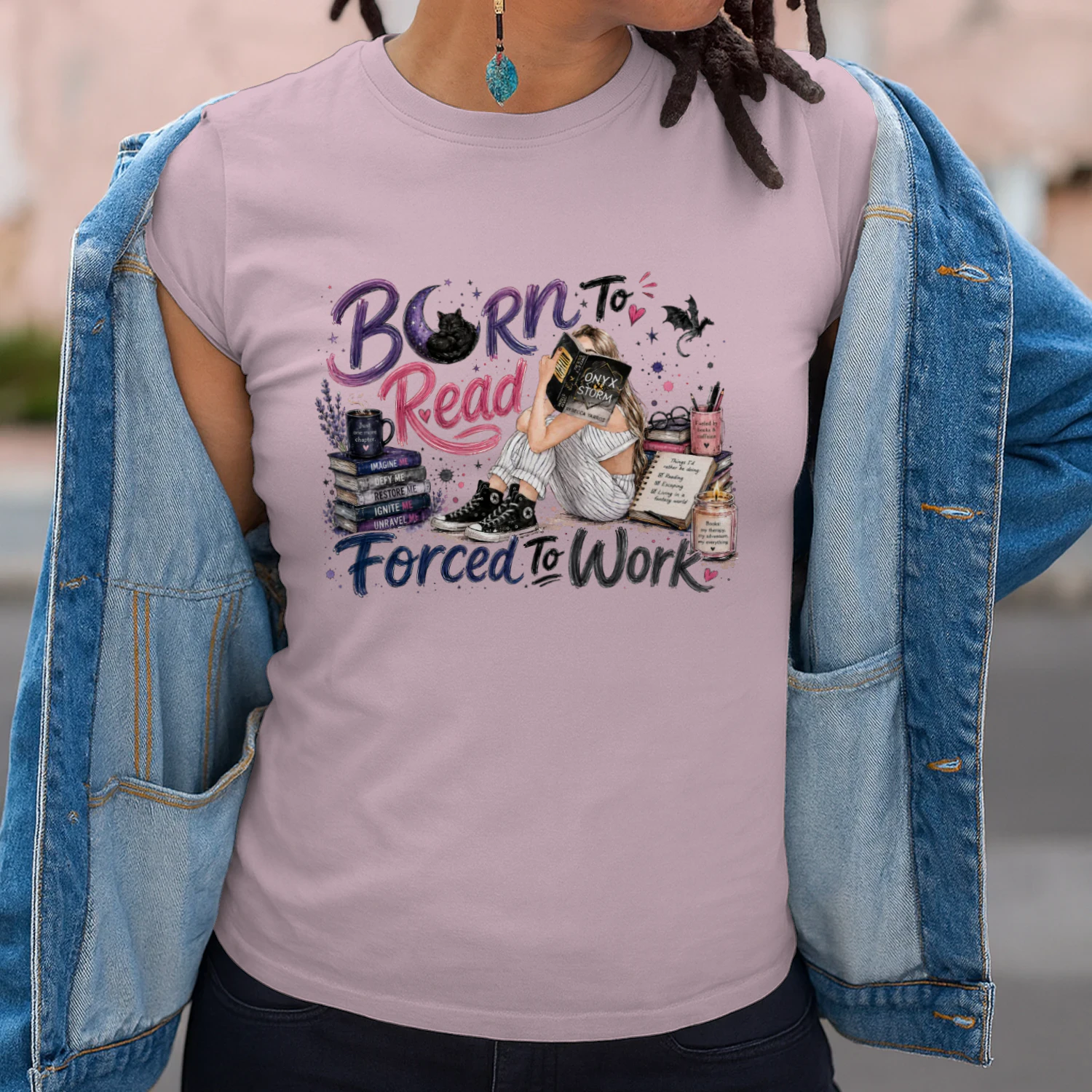 Born To Read Forced To Work Heavy Cotton Light Colors T-shirt 1 Side, Onyx Storm Gildan Tee, Romantasy Shirt, Book Lover Gifts