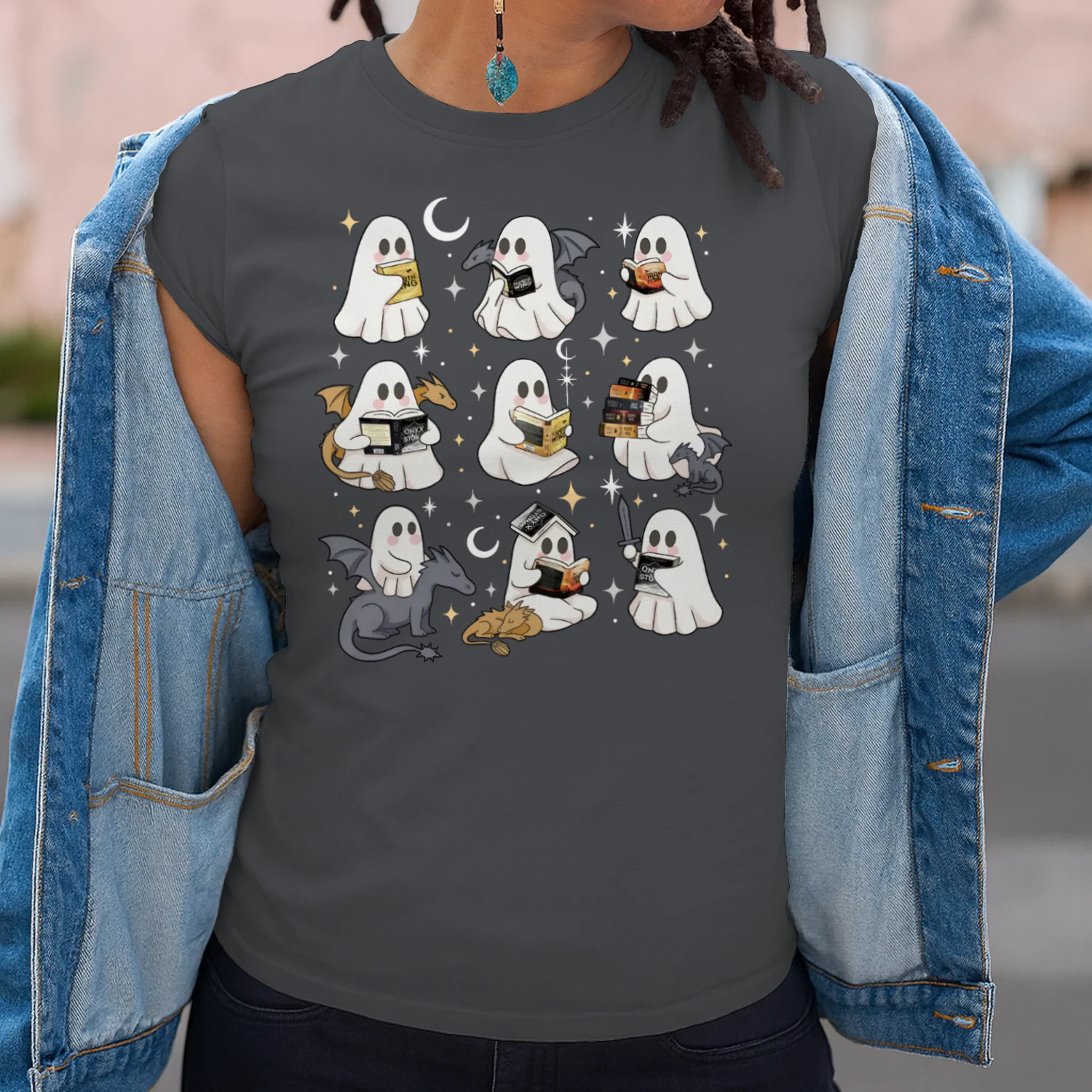 Cute Ghost Reading Heavy Cotton Dark Colors T-shirt 1 Side, Fourth Wing Series Gildan Tee, Romantasy Shirt, Book Lover Gifts