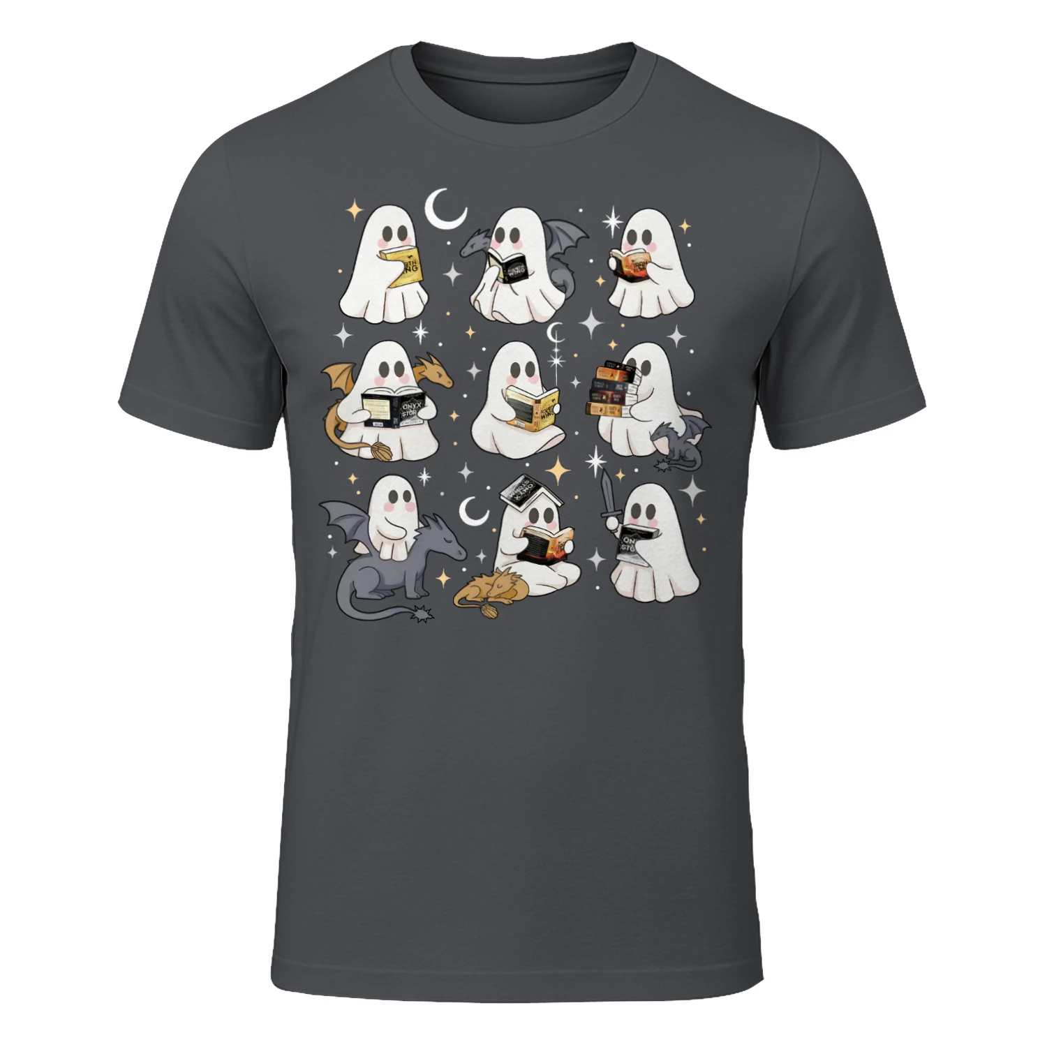 Cute Ghost Reading Heavy Cotton Dark Colors T-shirt 1 Side, Fourth Wing Series Gildan Tee, Romantasy Shirt, Book Lover Gifts