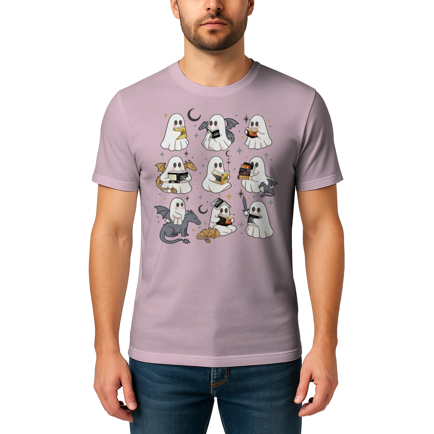 Cute Ghost Reading Heavy Cotton Light Colors T-shirt 1 Side, Fourth Wing Series Gildan Tee, Romantasy Shirt, Book Lover Gifts