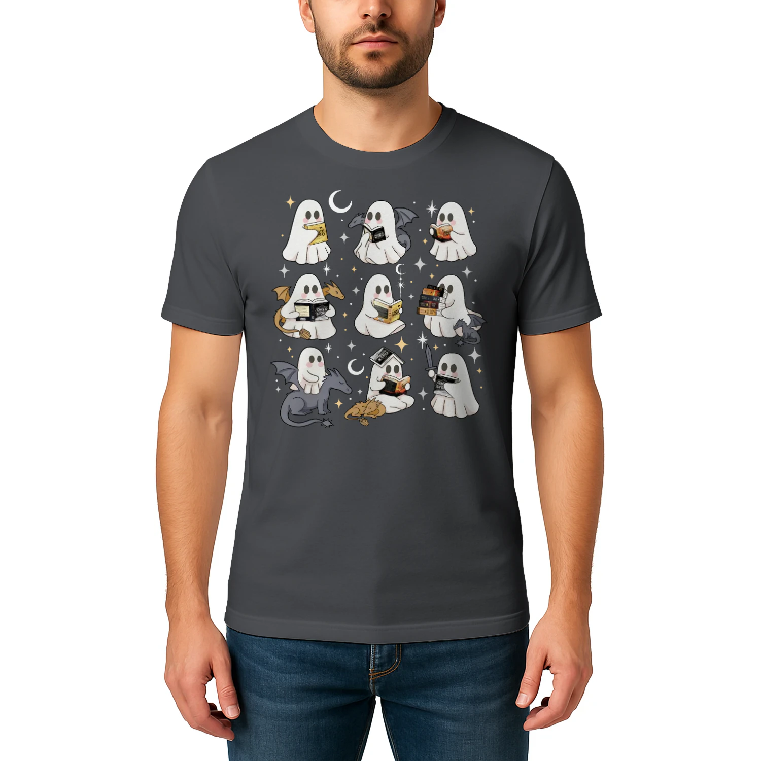 Cute Ghost Reading Heavy Cotton Dark Colors T-shirt 1 Side, Fourth Wing Series Gildan Tee, Romantasy Shirt, Book Lover Gifts