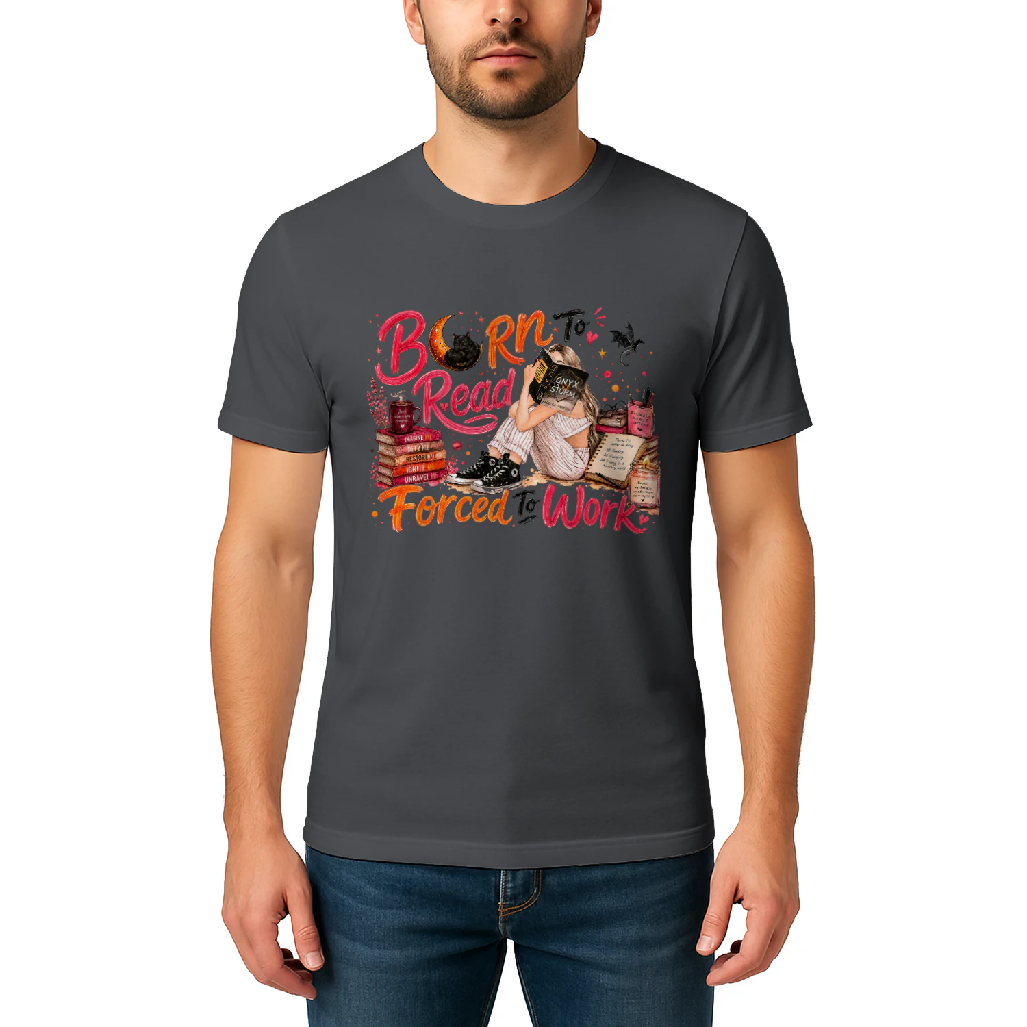 Born To Read Forced To Work Heavy Cotton Dark Colors T-shirt 1 Side, Onyx Storm Gildan Tee, Romantasy Shirt, Book Lover Gifts