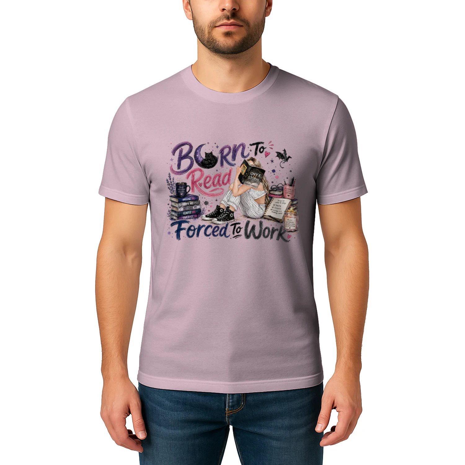 Born To Read Forced To Work Heavy Cotton Light Colors T-shirt 1 Side, Onyx Storm Gildan Tee, Romantasy Shirt, Book Lover Gifts