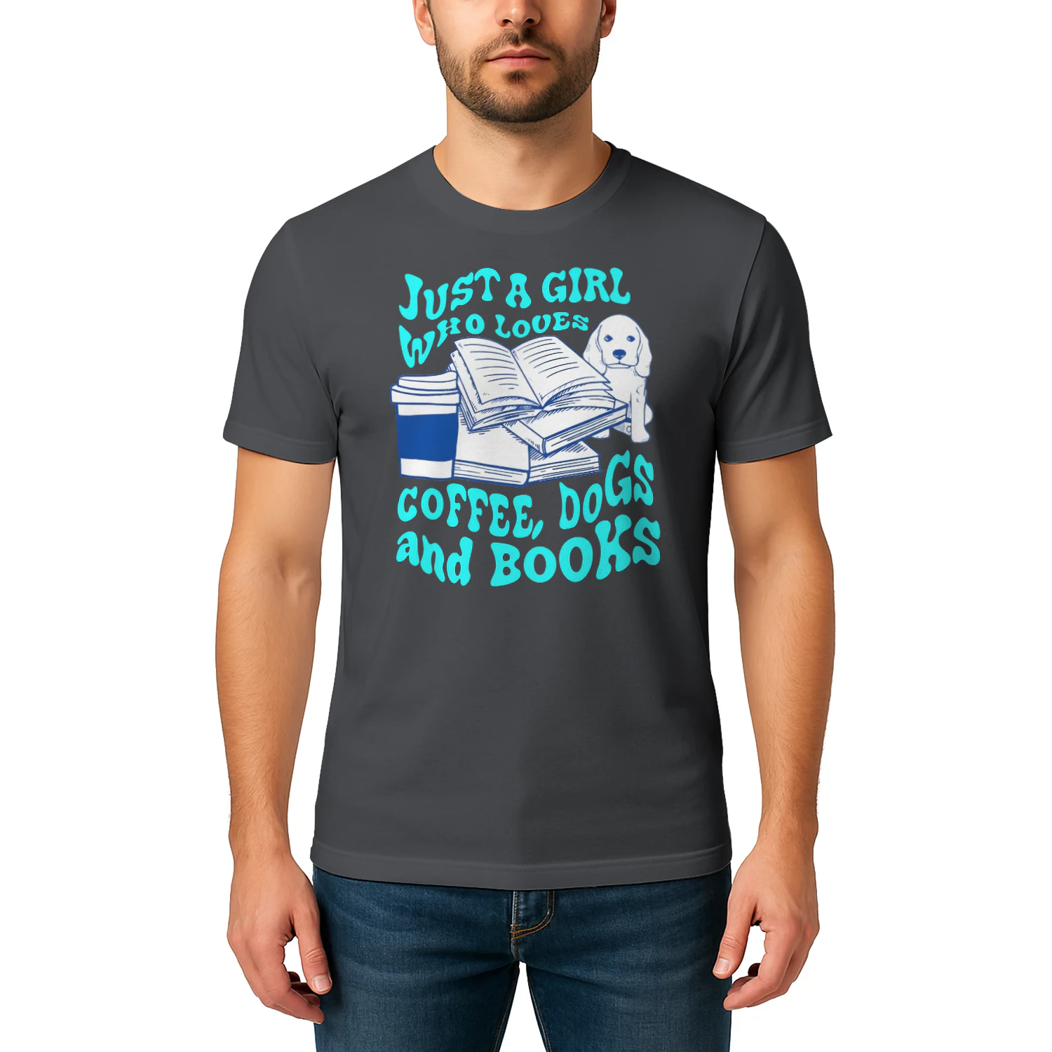 Just A Girl Who Loves Coffee, Dogs And Books Heavy Cotton Dark Colors T-shirt 1 Side, Book Club Gildan Tee, Readers Club Shirt, Book Lover Gifts