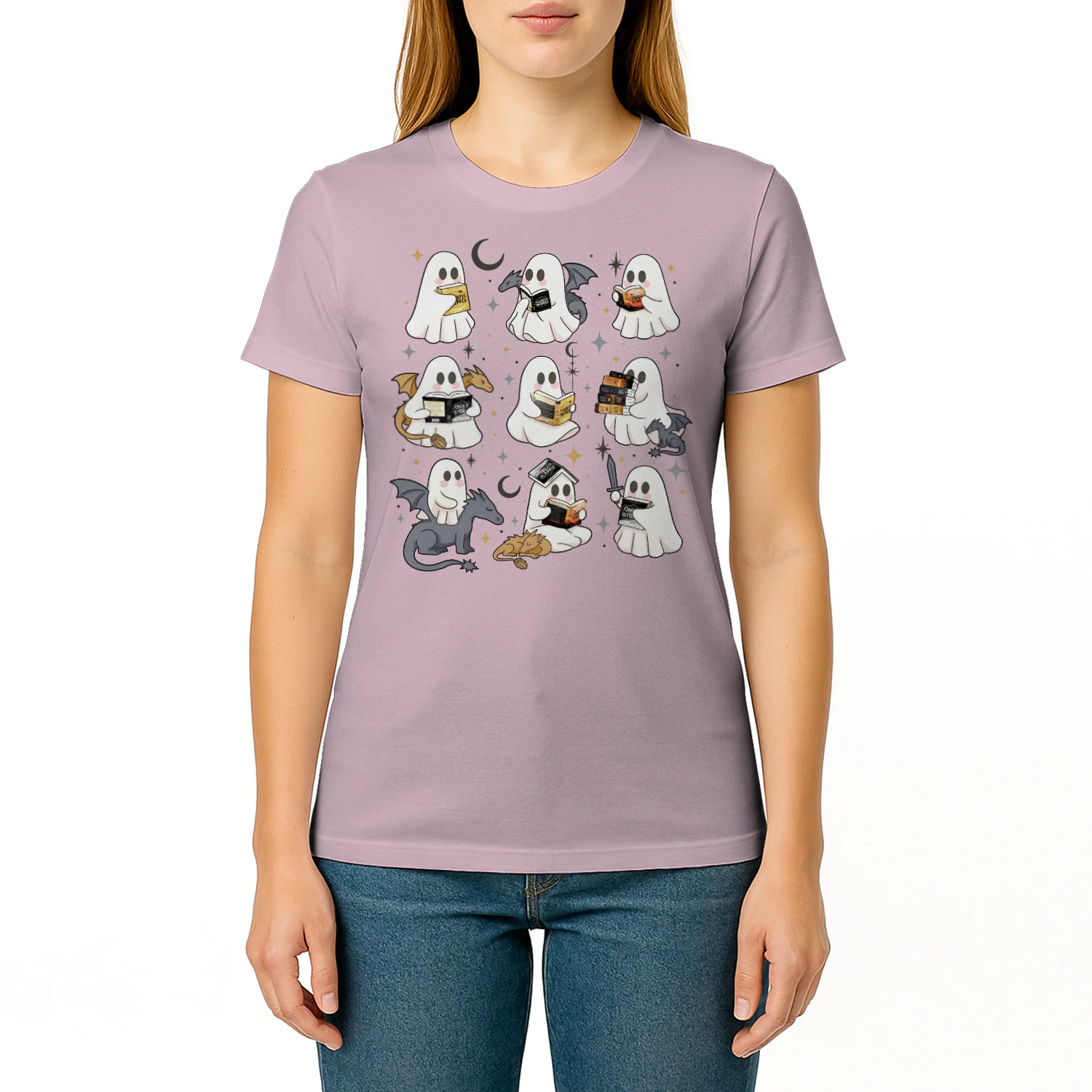Cute Ghost Reading Heavy Cotton Light Colors T-shirt 1 Side, Fourth Wing Series Gildan Tee, Romantasy Shirt, Book Lover Gifts