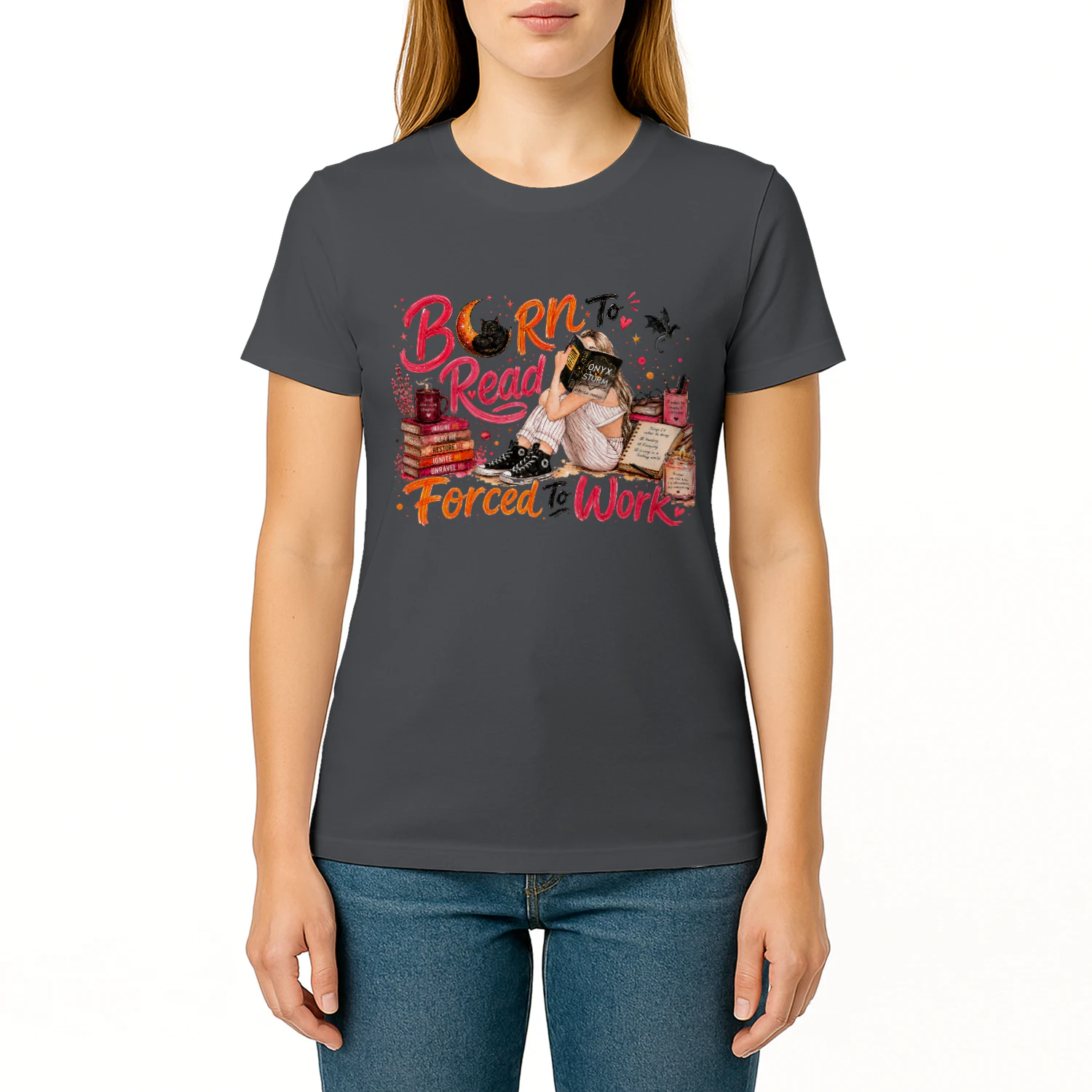 Born To Read Forced To Work Heavy Cotton Dark Colors T-shirt 1 Side, Onyx Storm Gildan Tee, Romantasy Shirt, Book Lover Gifts