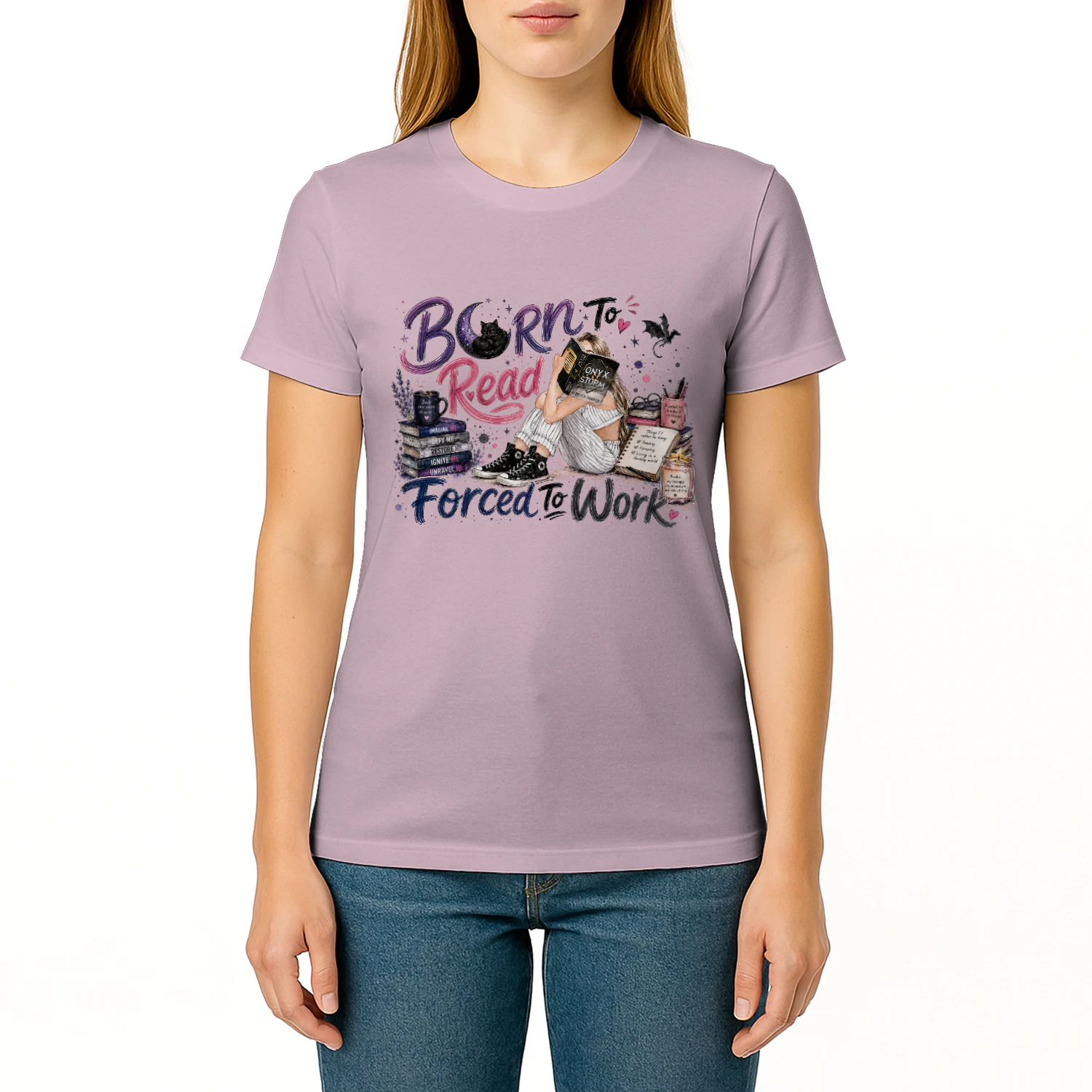 Born To Read Forced To Work Heavy Cotton Light Colors T-shirt 1 Side, Onyx Storm Gildan Tee, Romantasy Shirt, Book Lover Gifts