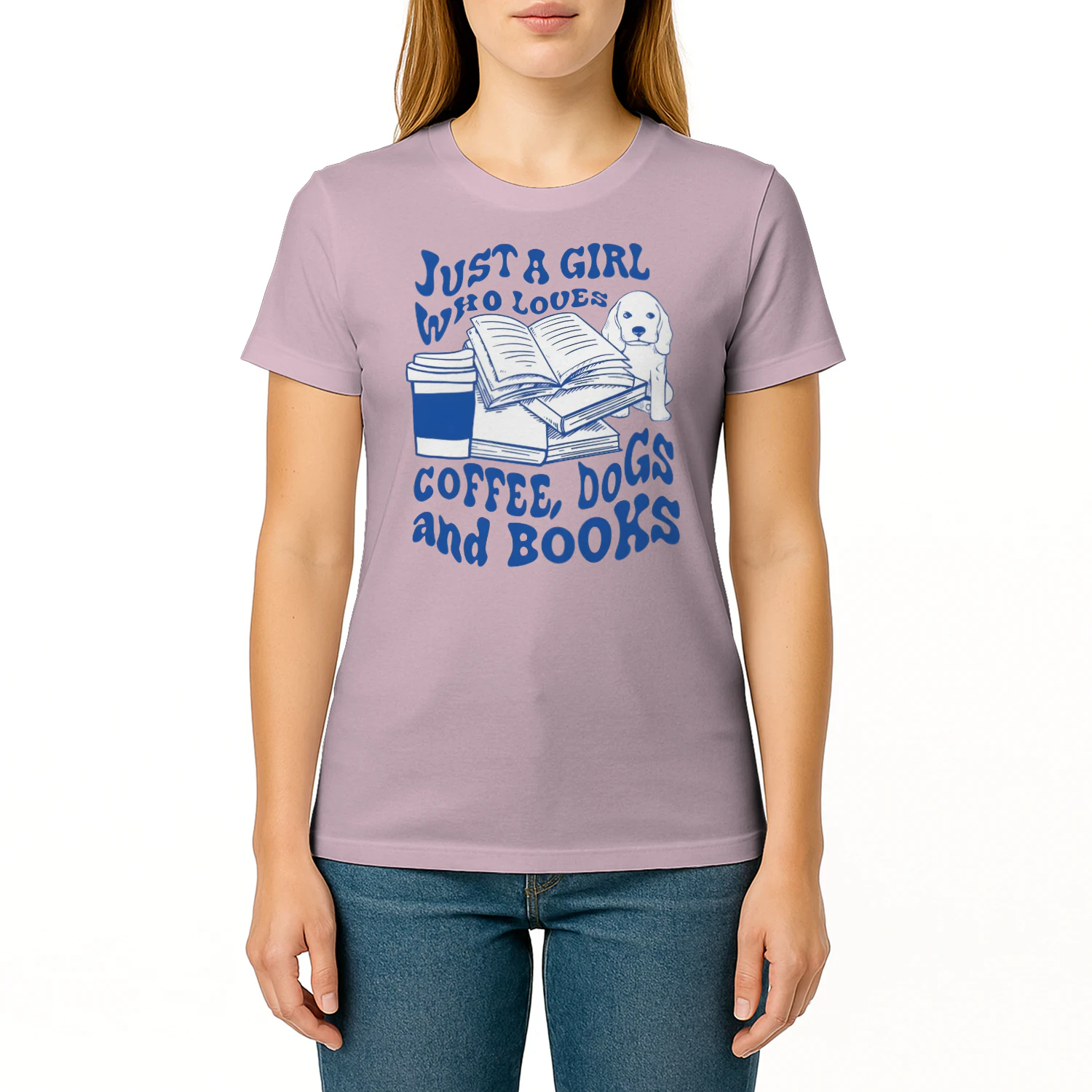 Just A Girl Who Loves Coffee, Dogs And Books Heavy Cotton Light Colors T-shirt 1 Side, Book Club Gildan Tee, Readers Club Shirt, Book Lover Gifts