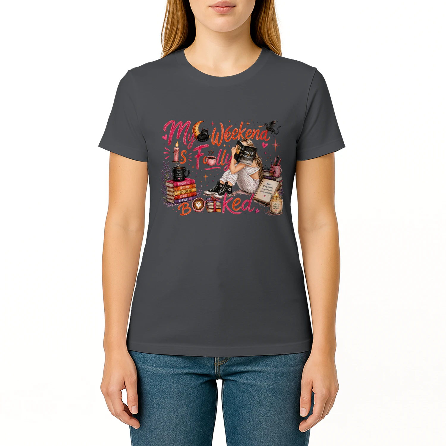 My Weekend Is Fully Booked Heavy Cotton Dark Colors T-shirt 1 Side, Onyx Storm Gildan Tee, Romantasy Shirt, Book Lover Gifts