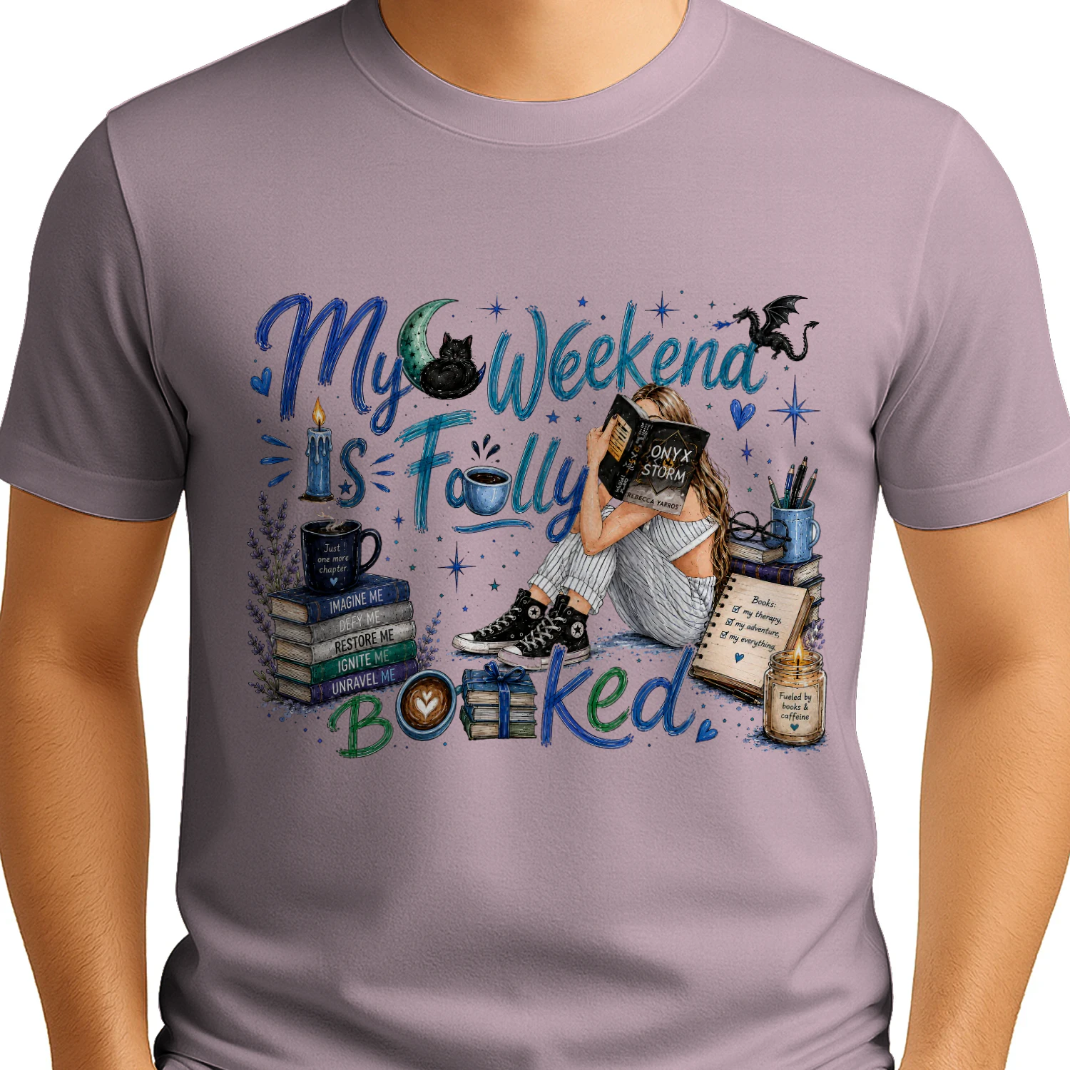 My Weekend Is Fully Booked Heavy Cotton Light Colors T-shirt 1 Side, Onyx Storm Gildan Tee, Romantasy Shirt, Book Lover Gifts