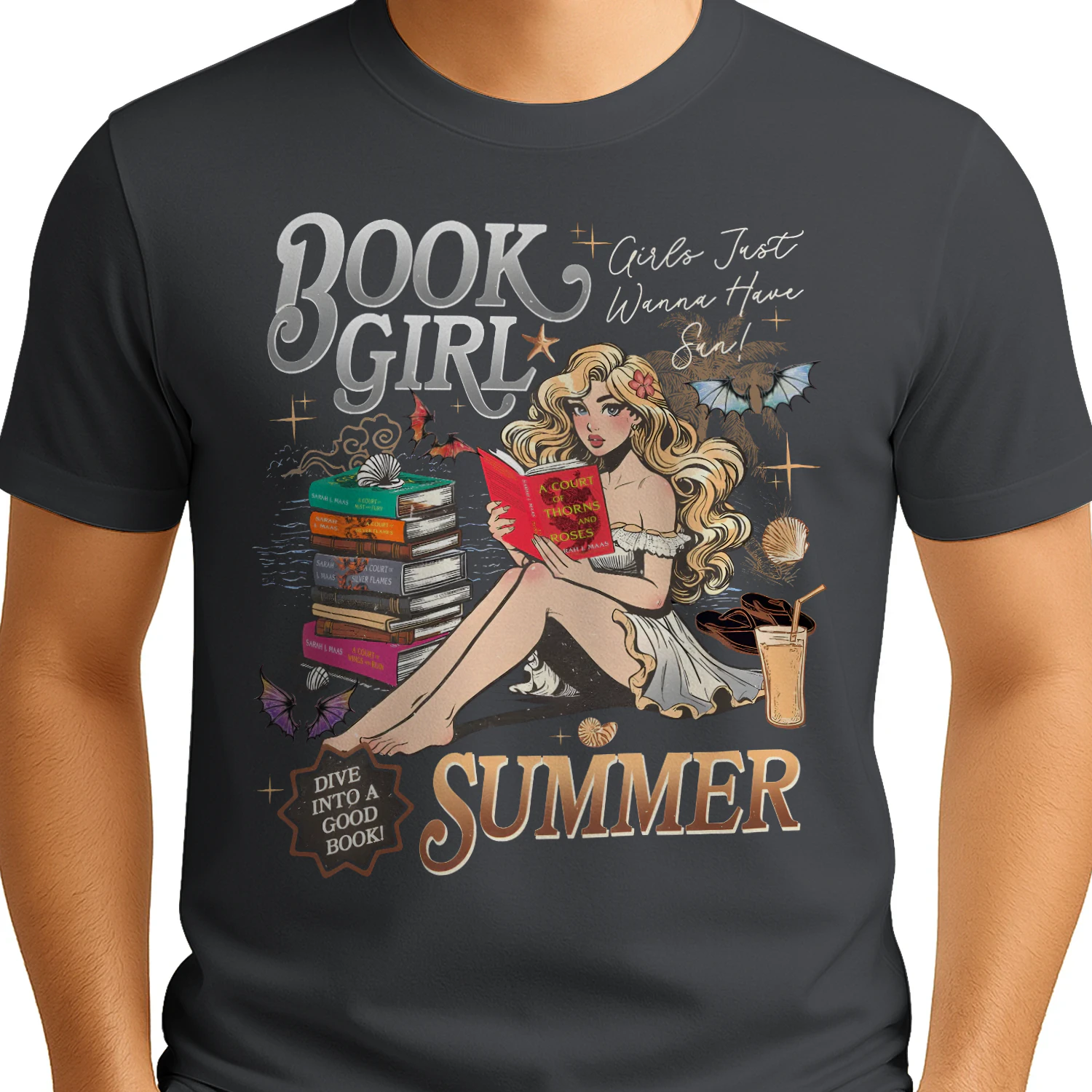 Book Girl Summer Heavy Cotton Dark Colors T-shirt 2 Side, ACOTAR Series Gildan Tee, Romantasy Book Shirt, Book Lover Gifts