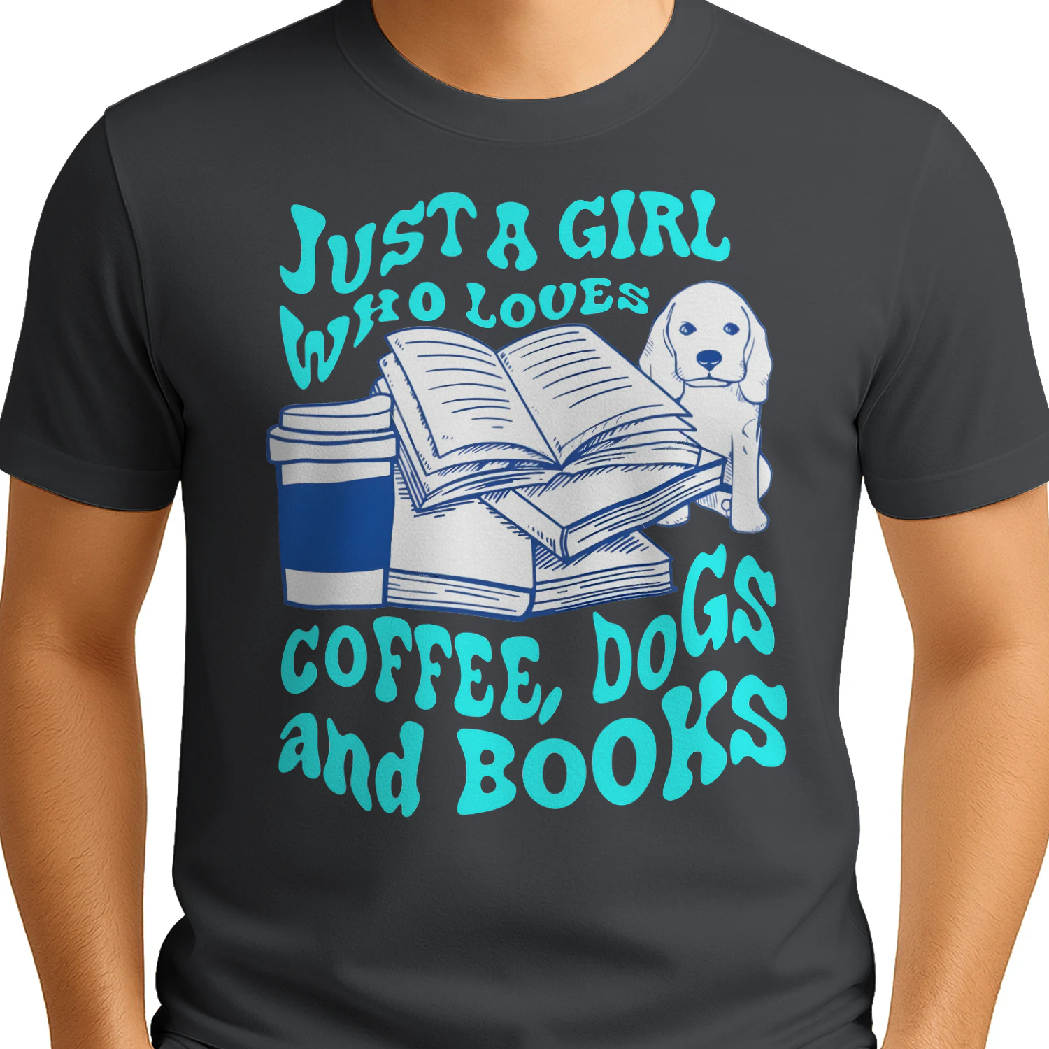 Just A Girl Who Loves Coffee, Dogs And Books Heavy Cotton Dark Colors T-shirt 1 Side, Book Club Gildan Tee, Readers Club Shirt, Book Lover Gifts