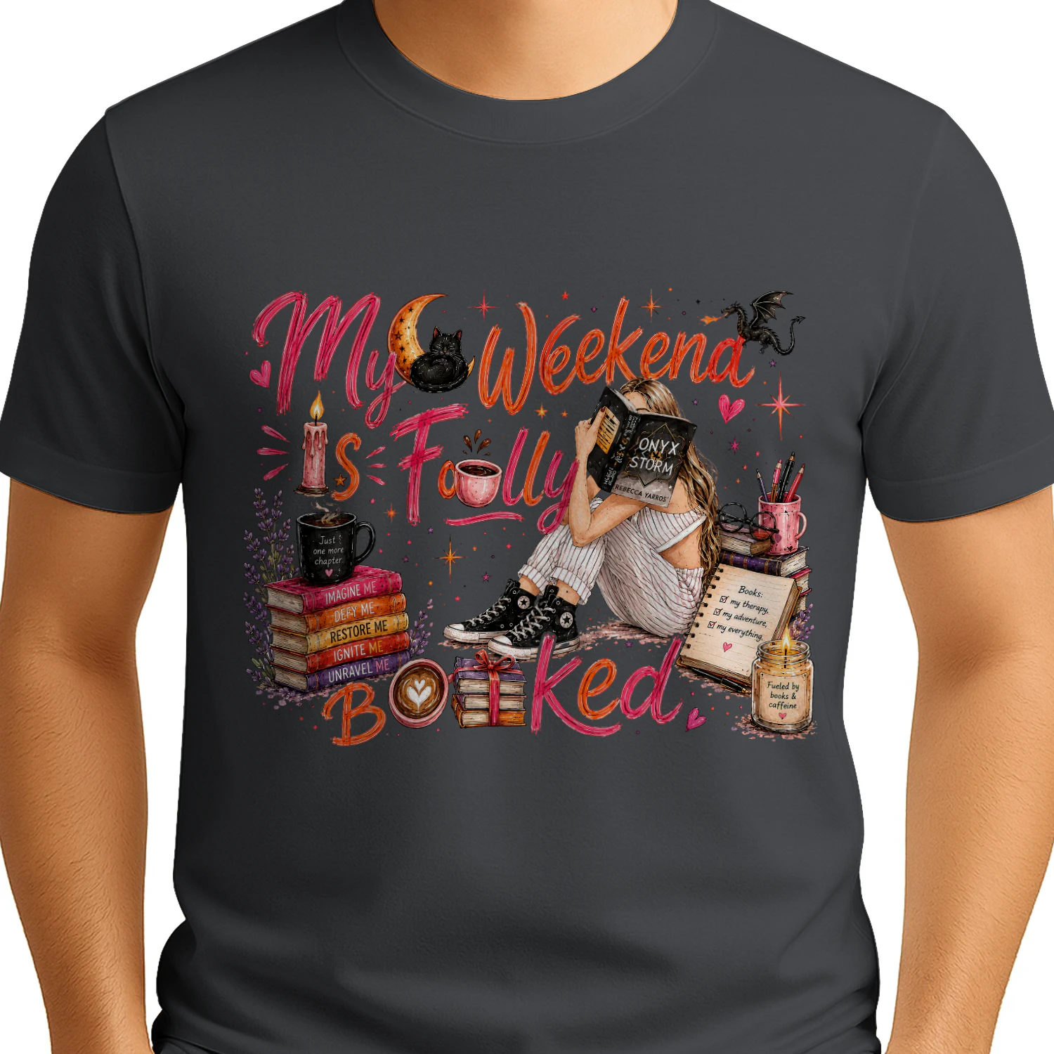 My Weekend Is Fully Booked Heavy Cotton Dark Colors T-shirt 1 Side, Onyx Storm Gildan Tee, Romantasy Shirt, Book Lover Gifts