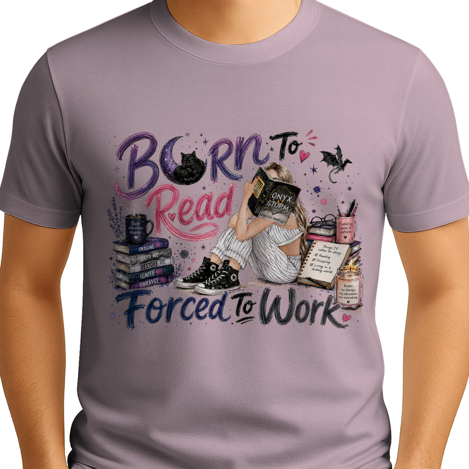 Born To Read Forced To Work Heavy Cotton Light Colors T-shirt 1 Side, Onyx Storm Gildan Tee, Romantasy Shirt, Book Lover Gifts