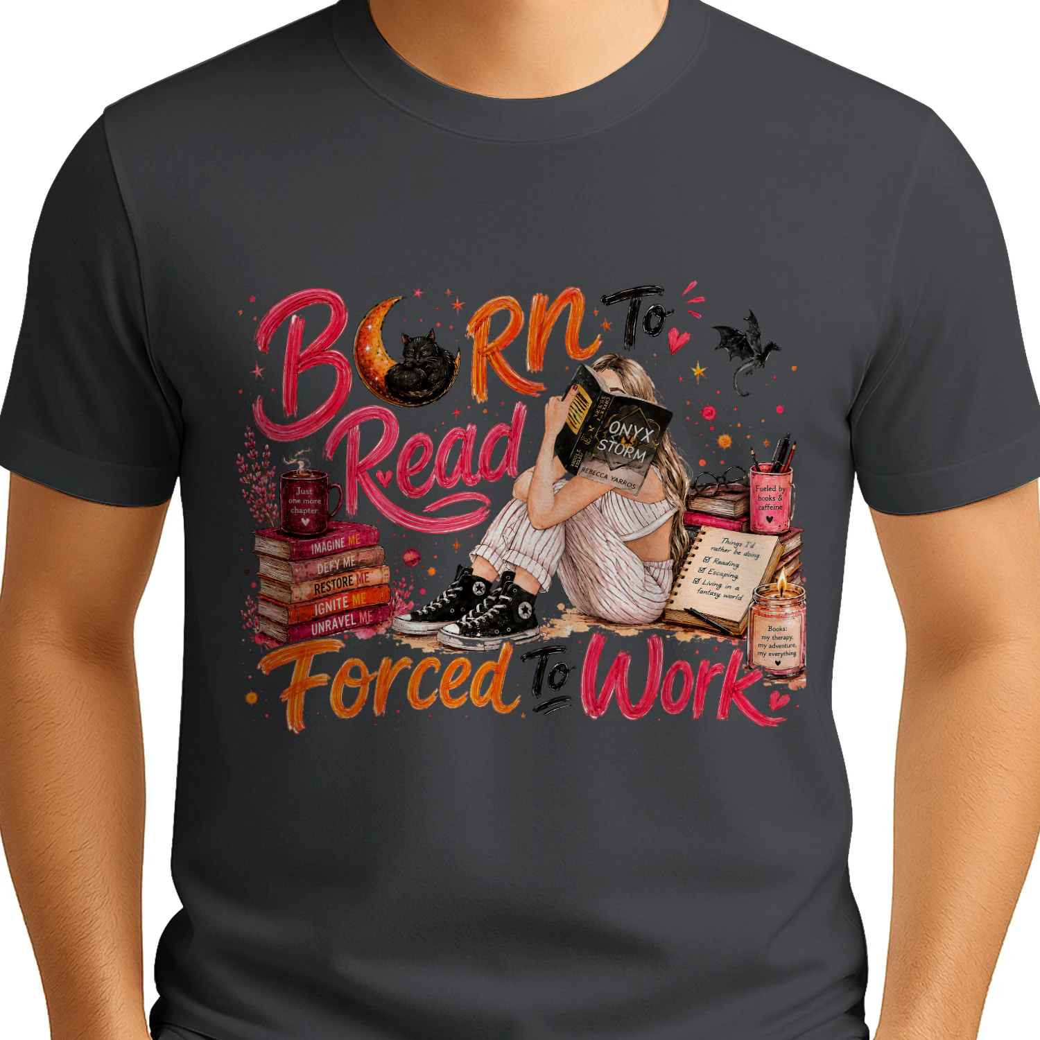 Born To Read Forced To Work Heavy Cotton Dark Colors T-shirt 1 Side, Onyx Storm Gildan Tee, Romantasy Shirt, Book Lover Gifts