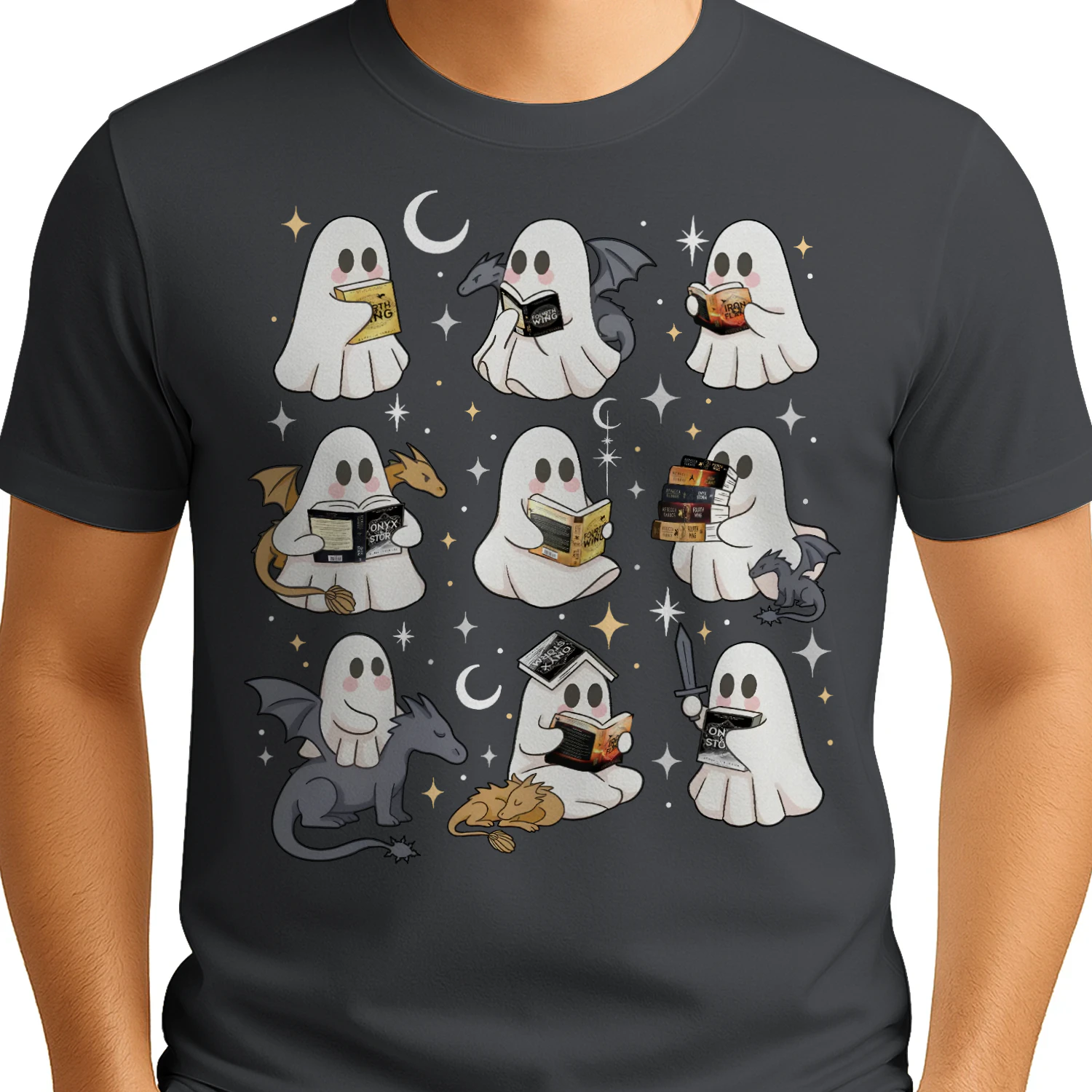 Cute Ghost Reading Heavy Cotton Dark Colors T-shirt 1 Side, Fourth Wing Series Gildan Tee, Romantasy Shirt, Book Lover Gifts