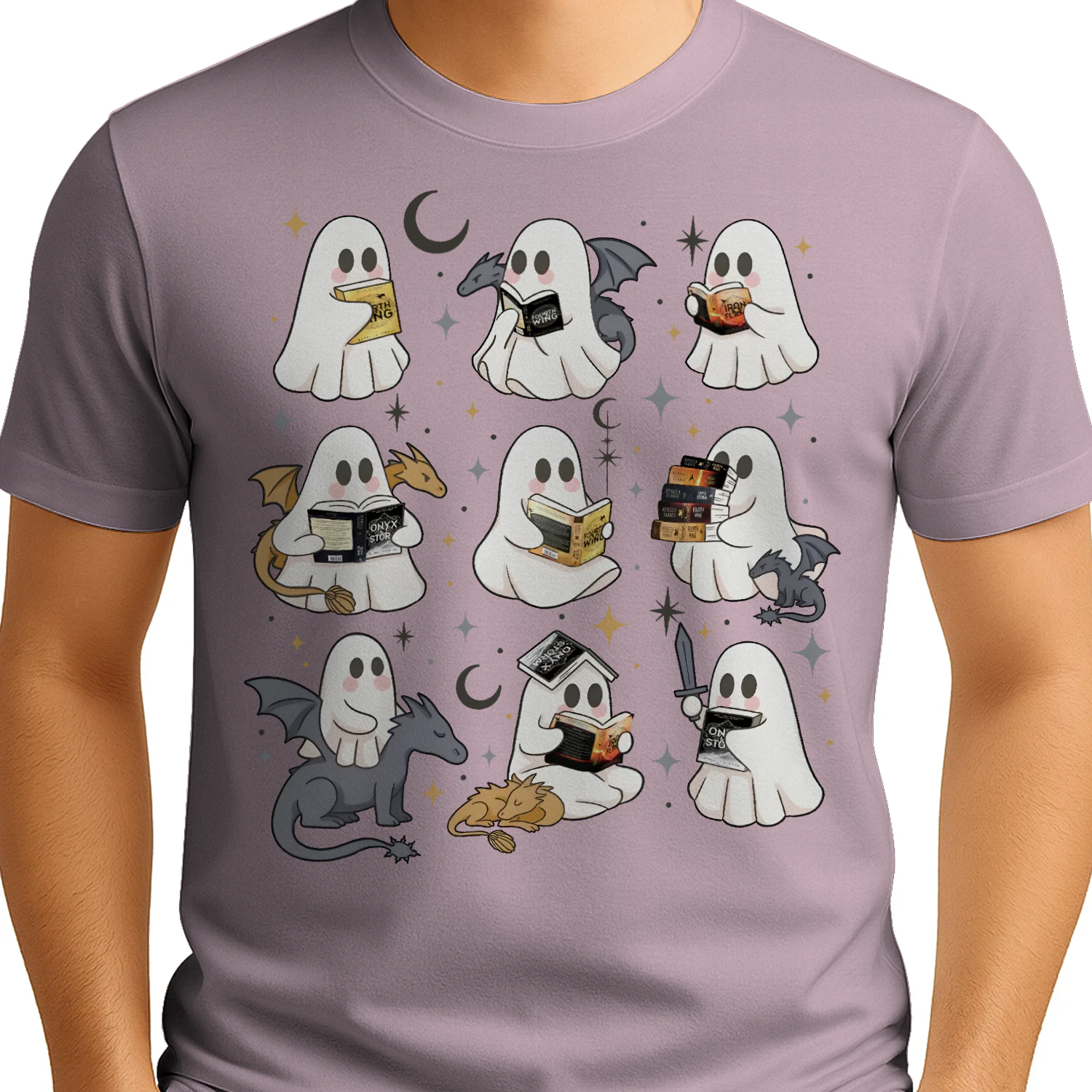 Cute Ghost Reading Heavy Cotton Light Colors T-shirt 1 Side, Fourth Wing Series Gildan Tee, Romantasy Shirt, Book Lover Gifts