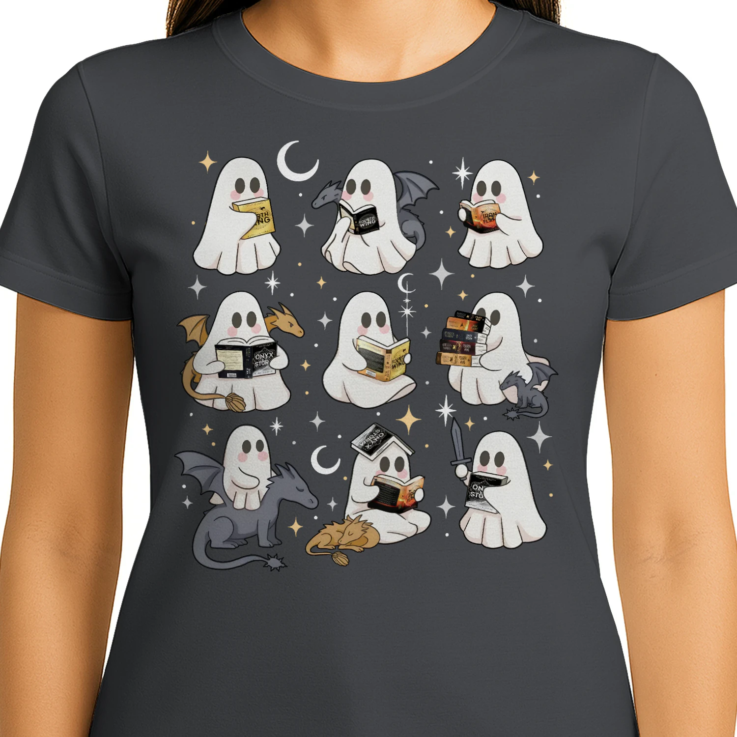 Cute Ghost Reading Heavy Cotton Dark Colors T-shirt 1 Side, Fourth Wing Series Gildan Tee, Romantasy Shirt, Book Lover Gifts