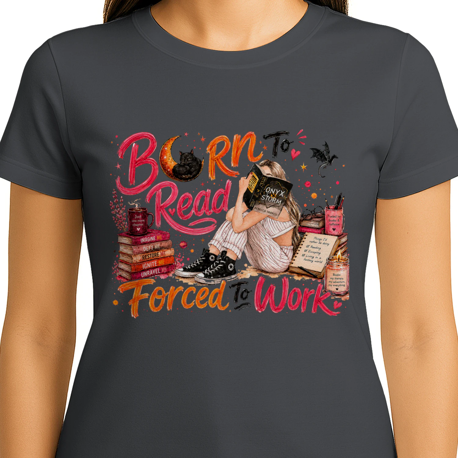 Born To Read Forced To Work Heavy Cotton Dark Colors T-shirt 1 Side, Onyx Storm Gildan Tee, Romantasy Shirt, Book Lover Gifts