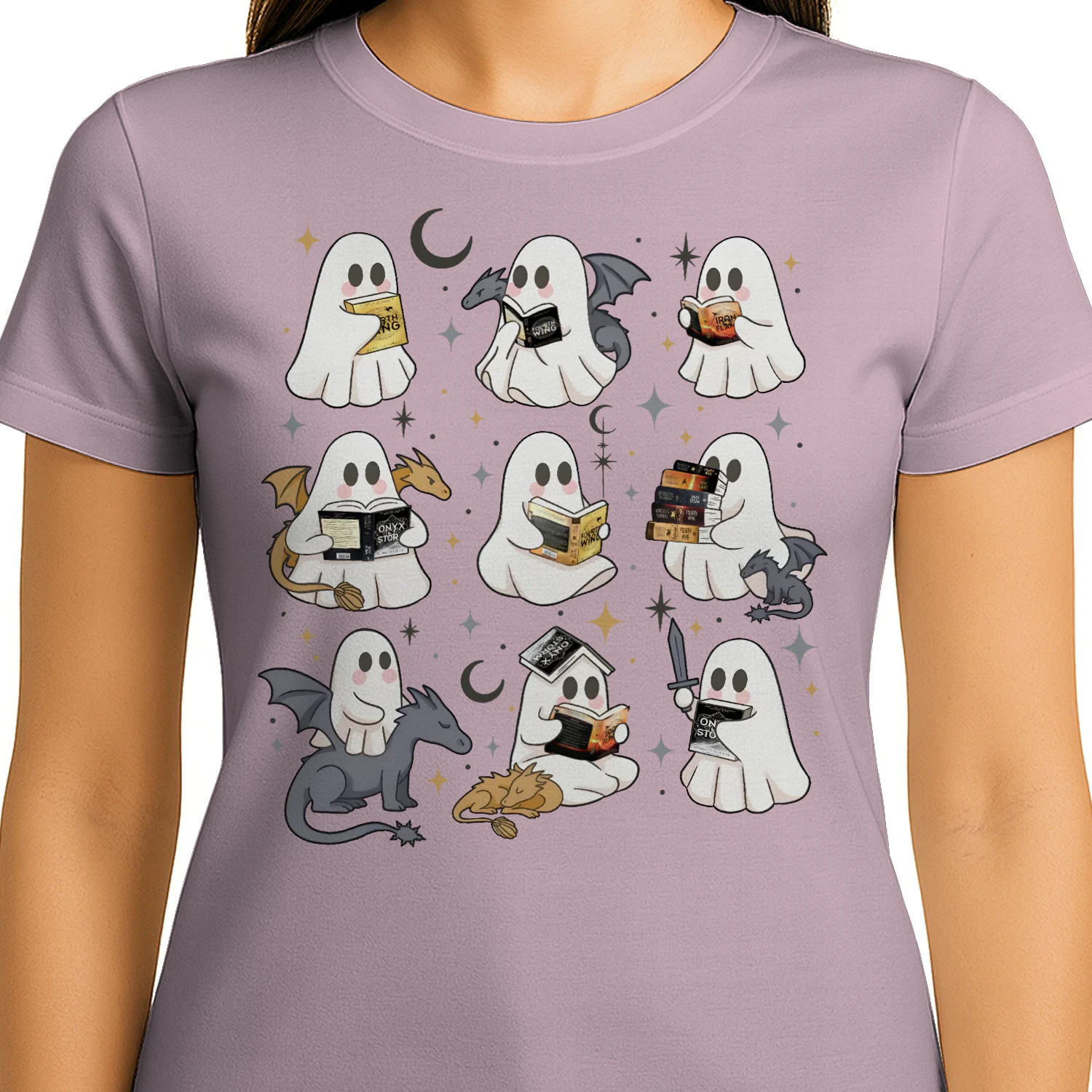 Cute Ghost Reading Heavy Cotton Light Colors T-shirt 1 Side, Fourth Wing Series Gildan Tee, Romantasy Shirt, Book Lover Gifts