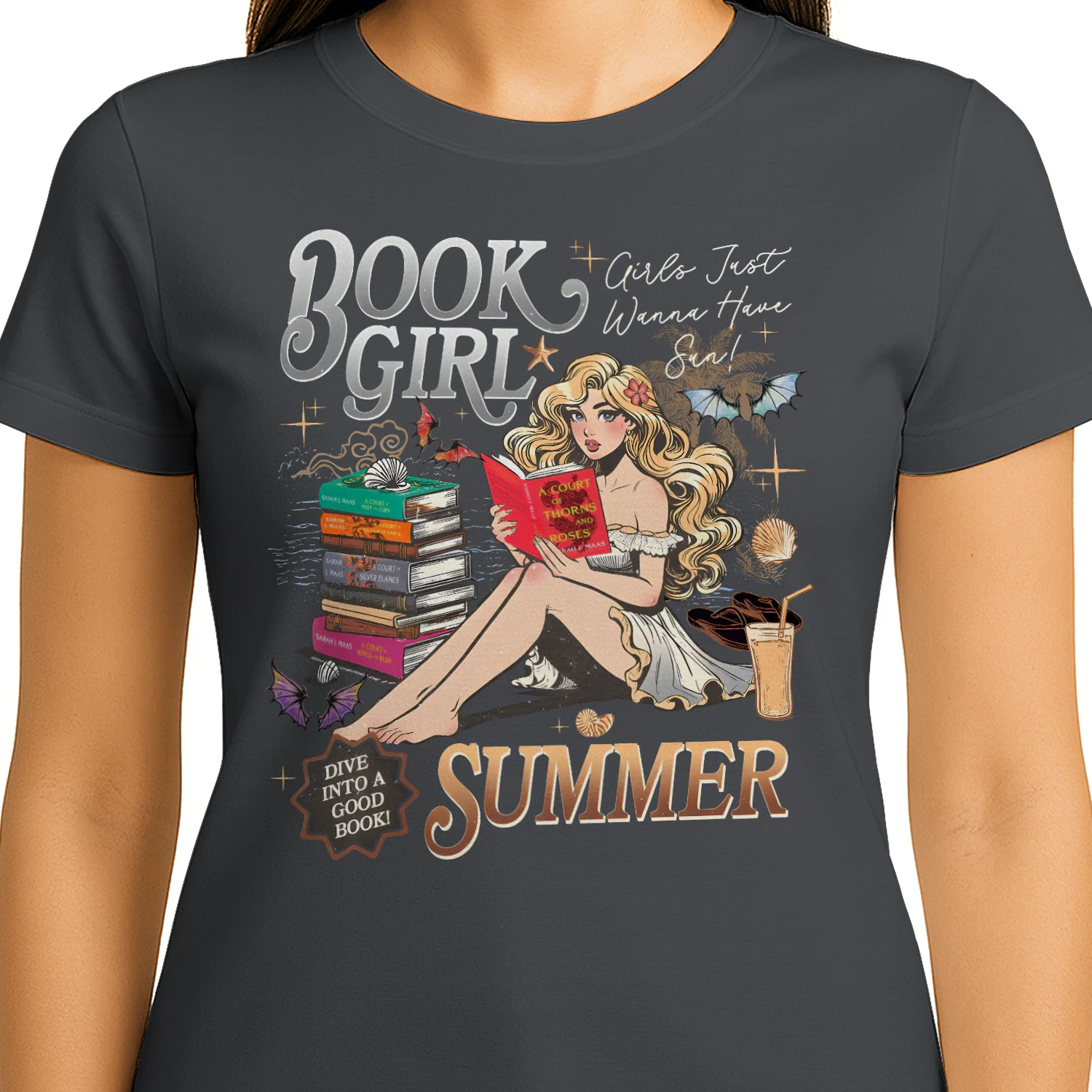 Book Girl Summer Heavy Cotton Dark Colors T-shirt 2 Side, ACOTAR Series Gildan Tee, Romantasy Book Shirt, Book Lover Gifts