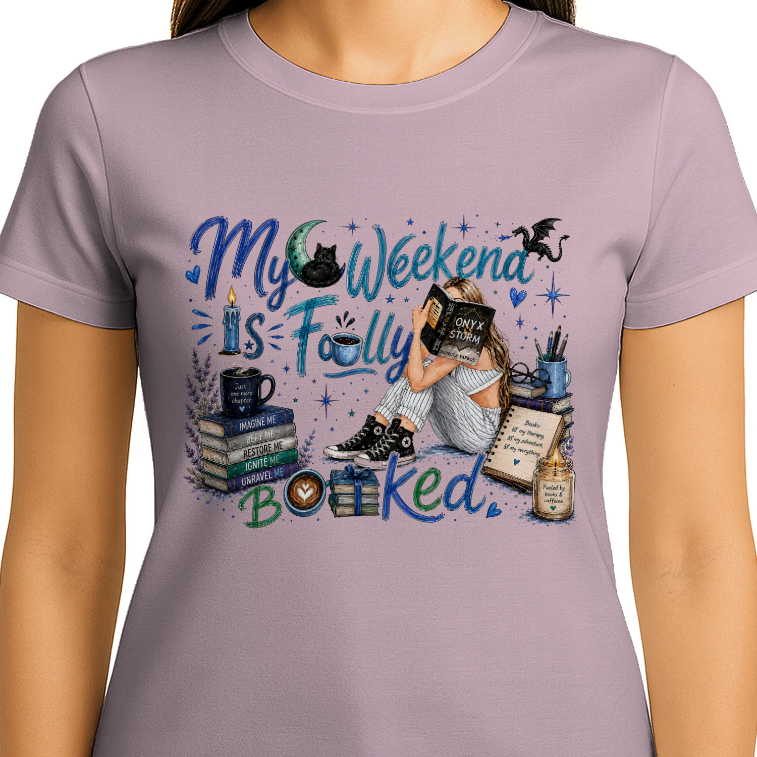 My Weekend Is Fully Booked Heavy Cotton Light Colors T-shirt 1 Side, Onyx Storm Gildan Tee, Romantasy Shirt, Book Lover Gifts