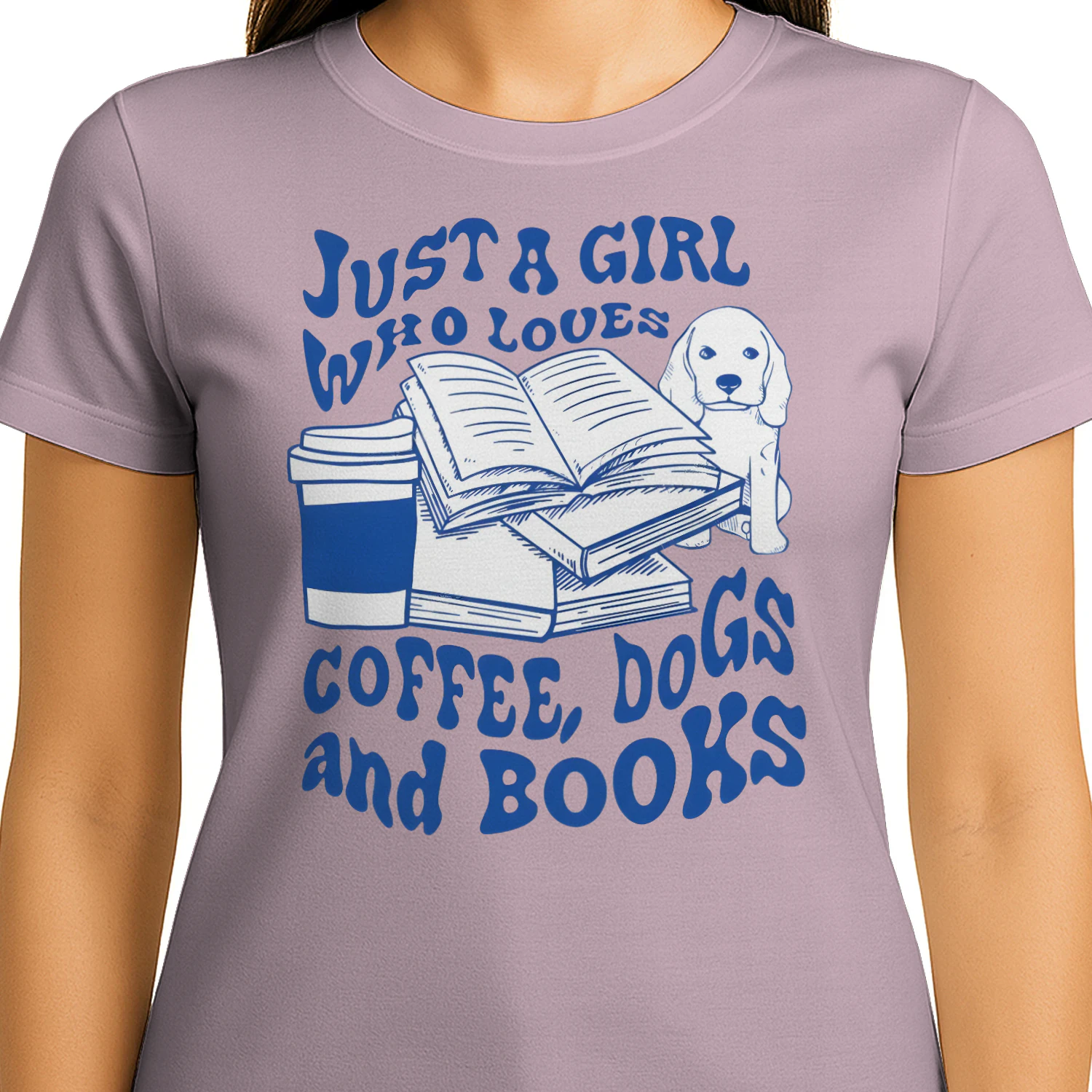 Just A Girl Who Loves Coffee, Dogs And Books Heavy Cotton Light Colors T-shirt 1 Side, Book Club Gildan Tee, Readers Club Shirt, Book Lover Gifts