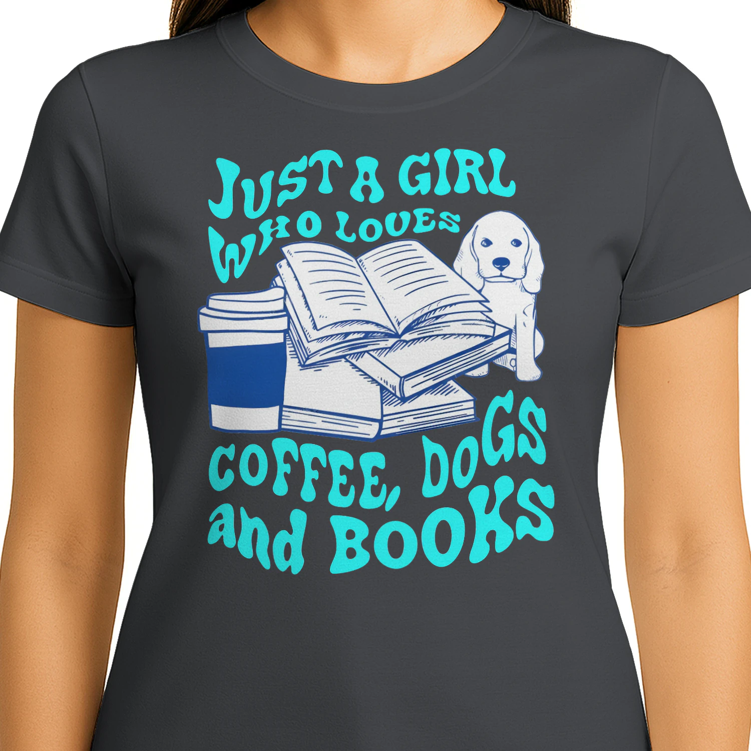 Just A Girl Who Loves Coffee, Dogs And Books Heavy Cotton Dark Colors T-shirt 1 Side, Book Club Gildan Tee, Readers Club Shirt, Book Lover Gifts