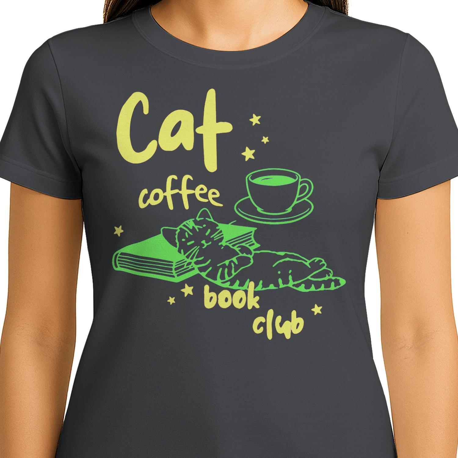 Cat, Coffee, Book Club Heavy Cotton Dark Colors T-shirt 1 Side, Book Club Gildan Tee, Readers Club Shirt, Book Lover Gifts