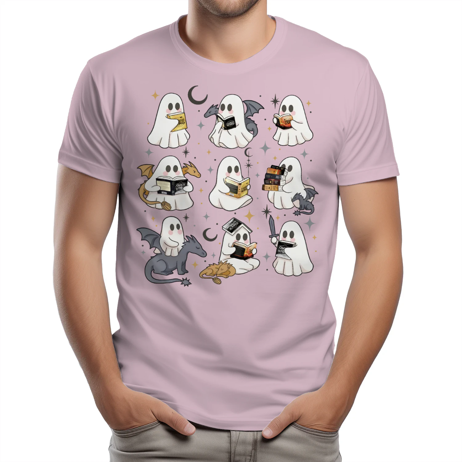 Cute Ghost Reading Heavy Cotton Light Colors T-shirt 1 Side, Fourth Wing Series Gildan Tee, Romantasy Shirt, Book Lover Gifts