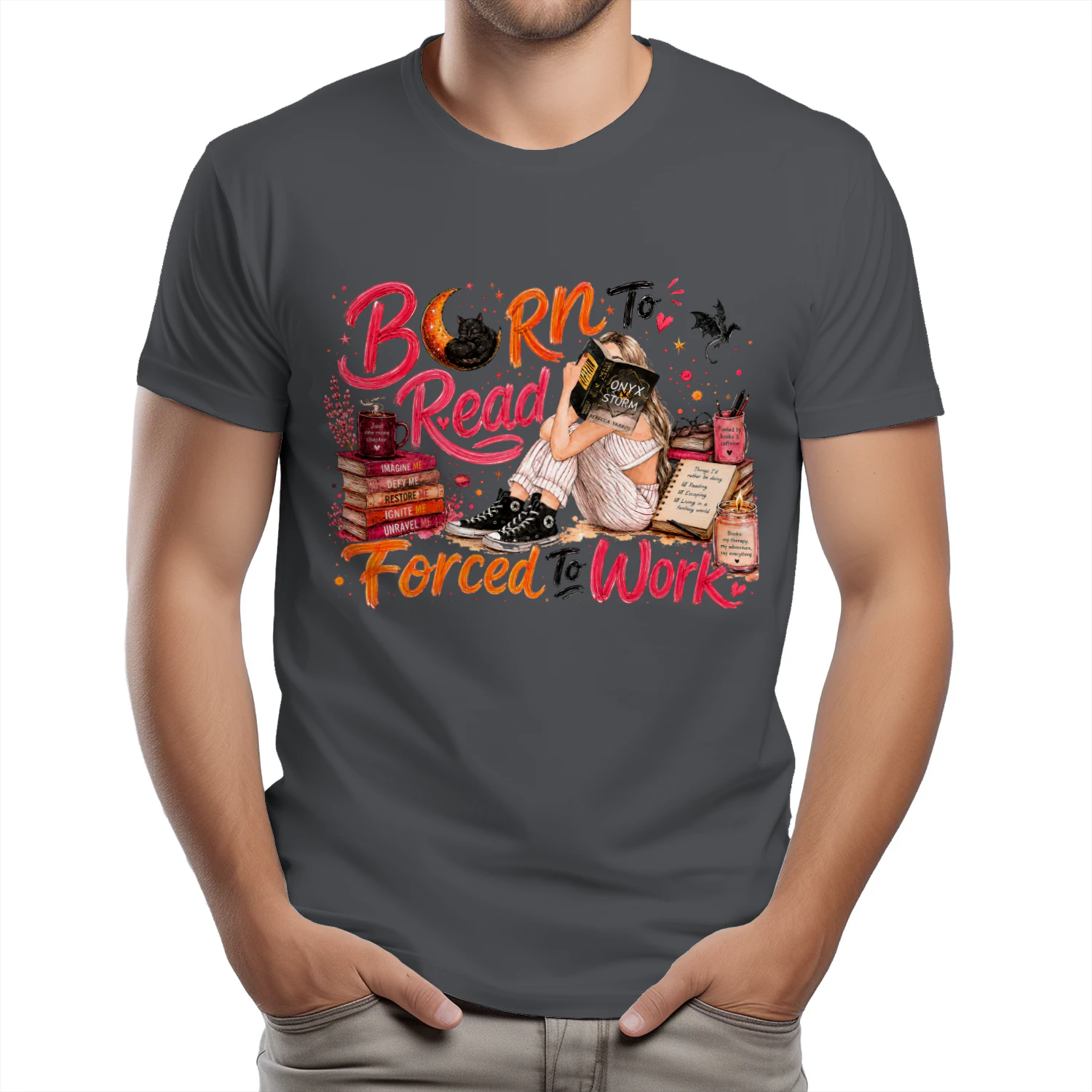 Born To Read Forced To Work Heavy Cotton Dark Colors T-shirt 1 Side, Onyx Storm Gildan Tee, Romantasy Shirt, Book Lover Gifts