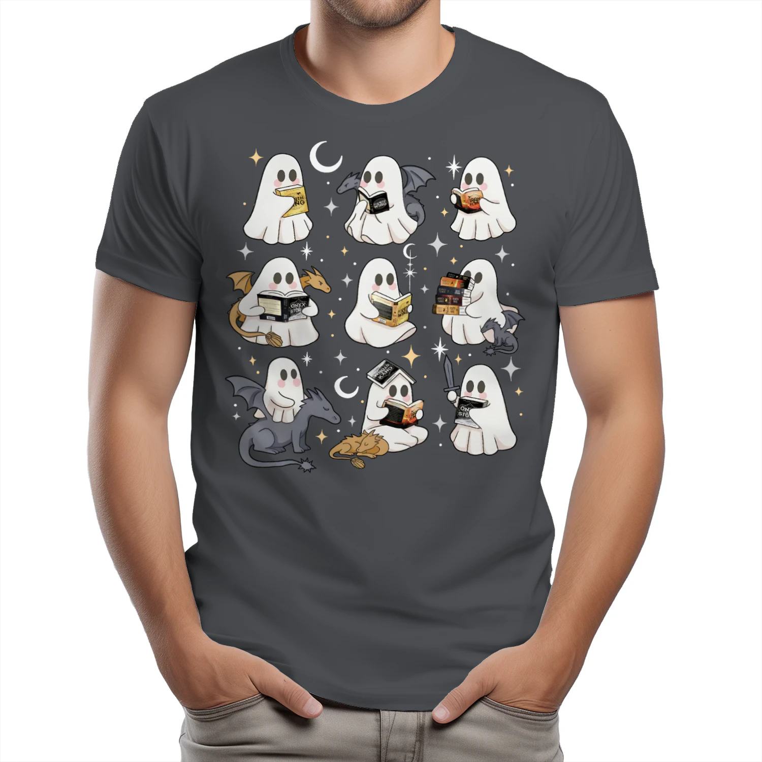 Cute Ghost Reading Heavy Cotton Dark Colors T-shirt 1 Side, Fourth Wing Series Gildan Tee, Romantasy Shirt, Book Lover Gifts
