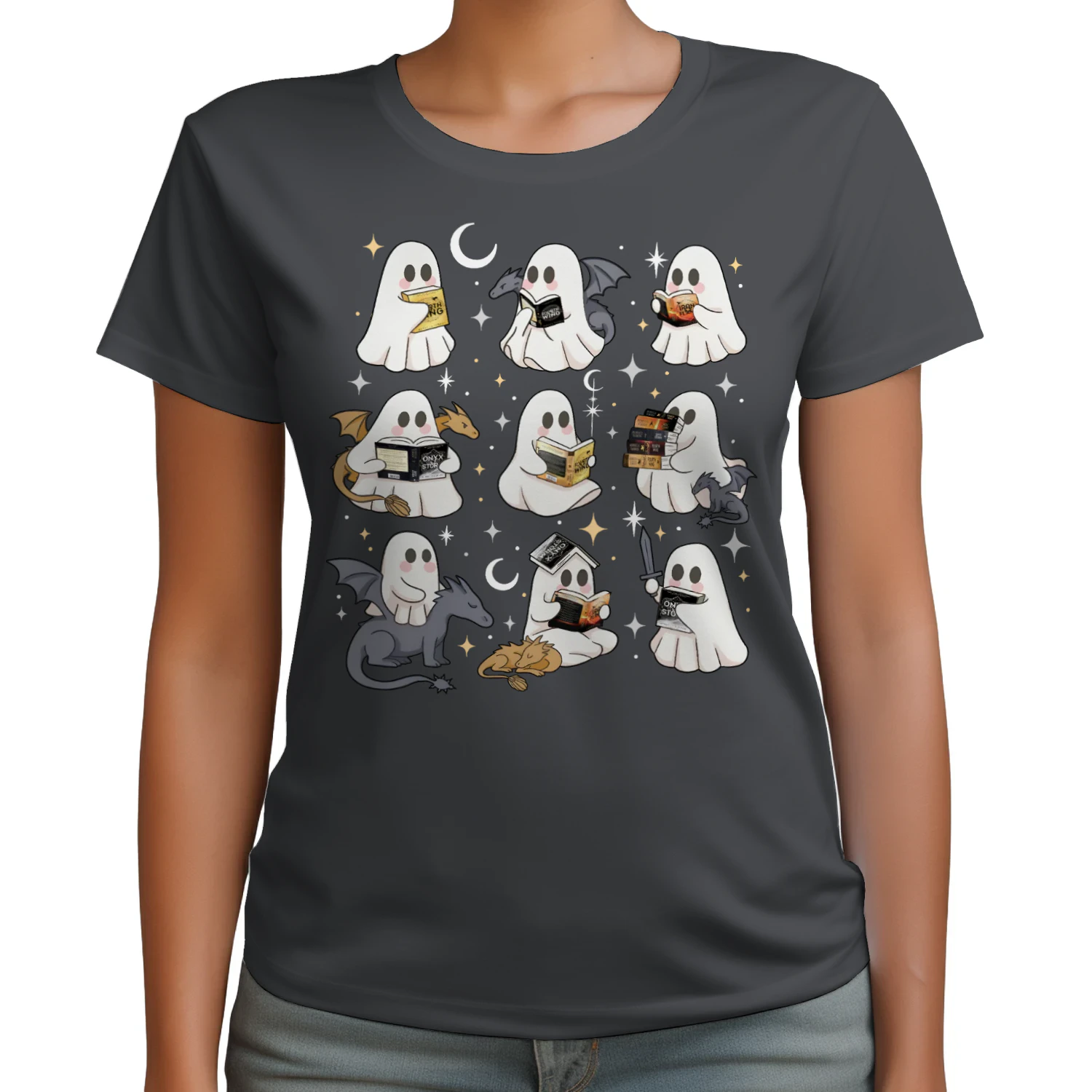 Cute Ghost Reading Heavy Cotton Dark Colors T-shirt 1 Side, Fourth Wing Series Gildan Tee, Romantasy Shirt, Book Lover Gifts