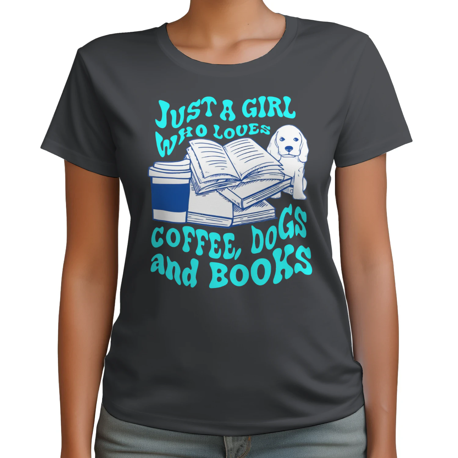 Just A Girl Who Loves Coffee, Dogs And Books Heavy Cotton Dark Colors T-shirt 1 Side, Book Club Gildan Tee, Readers Club Shirt, Book Lover Gifts