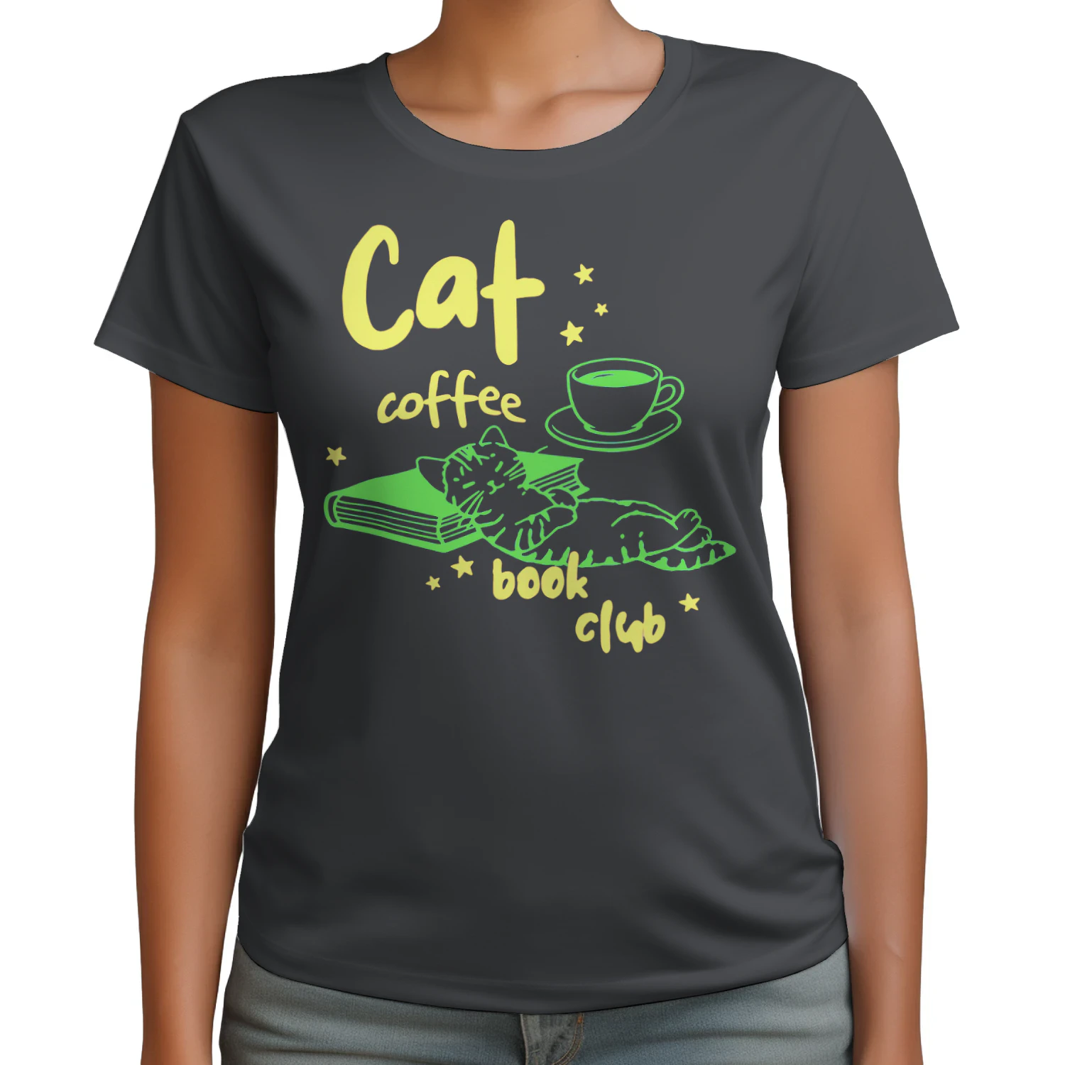 Cat, Coffee, Book Club Heavy Cotton Dark Colors T-shirt 1 Side, Book Club Gildan Tee, Readers Club Shirt, Book Lover Gifts