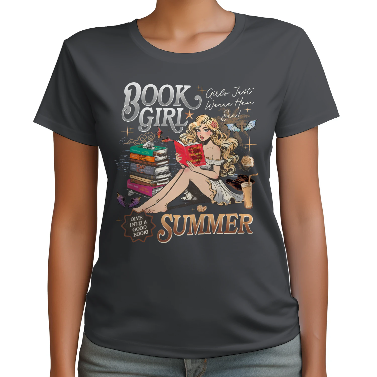 Book Girl Summer Heavy Cotton Dark Colors T-shirt 2 Side, ACOTAR Series Gildan Tee, Romantasy Book Shirt, Book Lover Gifts