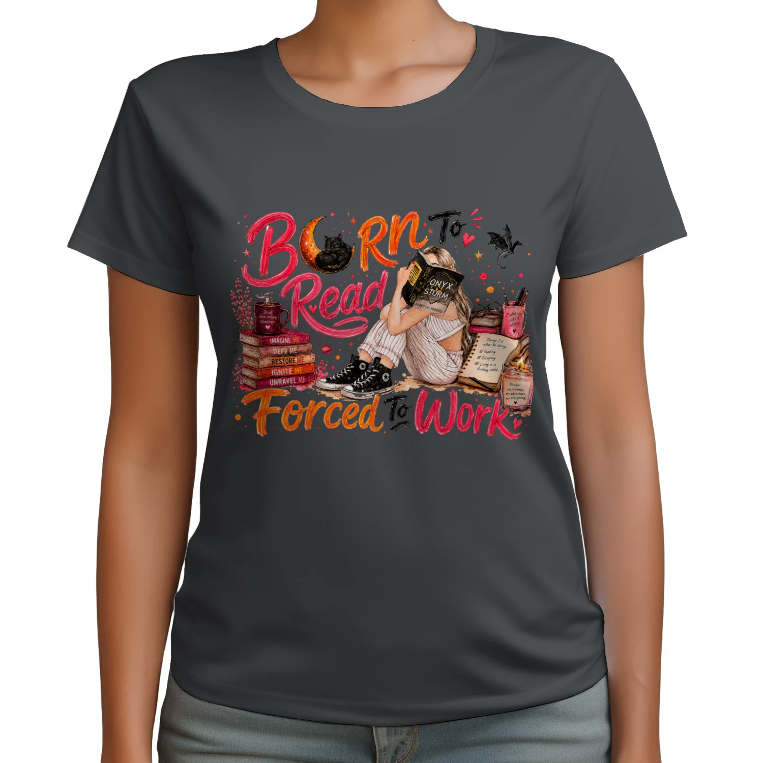 Born To Read Forced To Work Heavy Cotton Dark Colors T-shirt 1 Side, Onyx Storm Gildan Tee, Romantasy Shirt, Book Lover Gifts