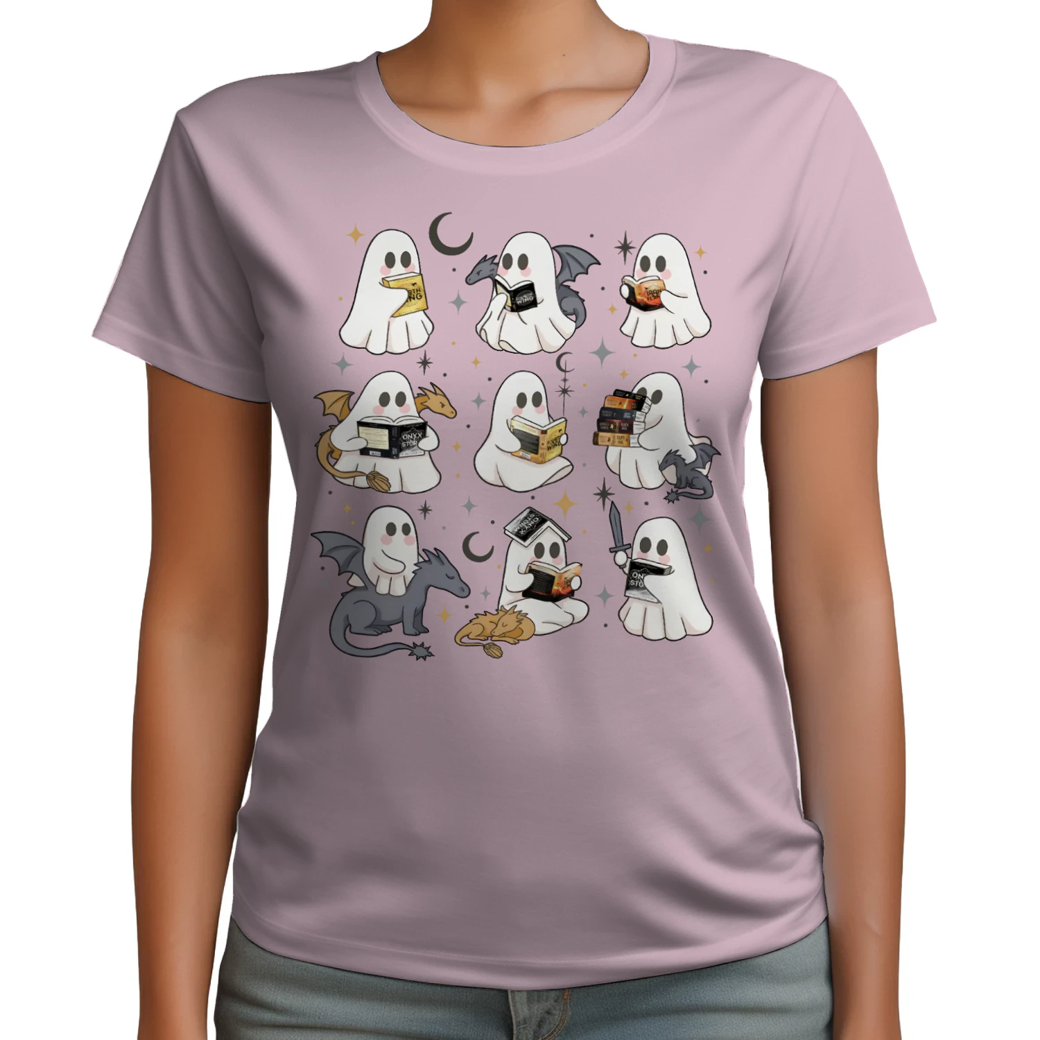Cute Ghost Reading Heavy Cotton Light Colors T-shirt 1 Side, Fourth Wing Series Gildan Tee, Romantasy Shirt, Book Lover Gifts