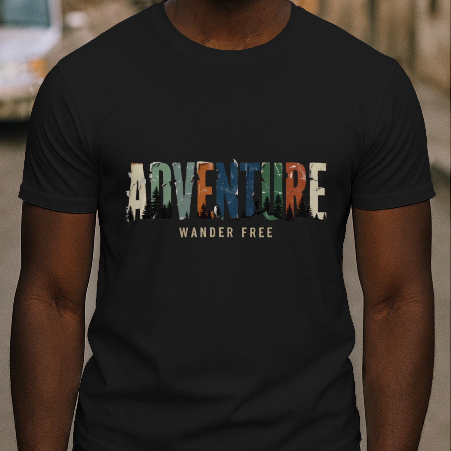 Adventure Wander Free Vintage Nature Typography T-Shirt Design | Hiking & Forest Silhouette