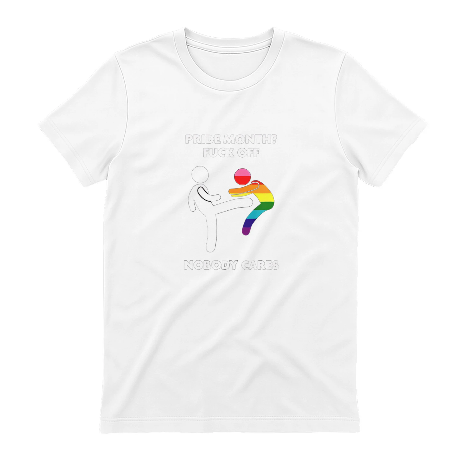 Stick figure kicking rainbow character pride month fuck off nobody cares shirt