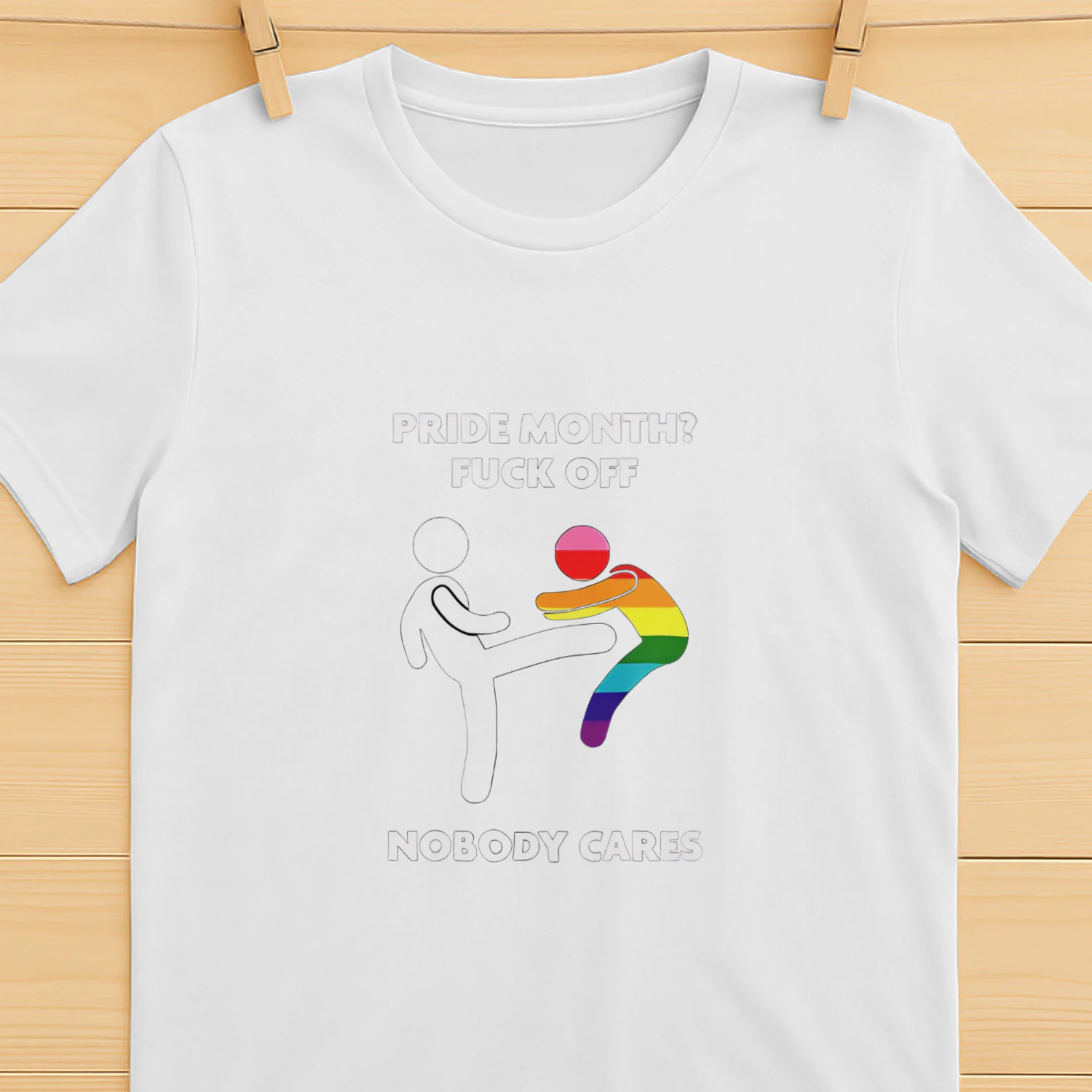 Stick figure kicking rainbow character pride month fuck off nobody cares shirt