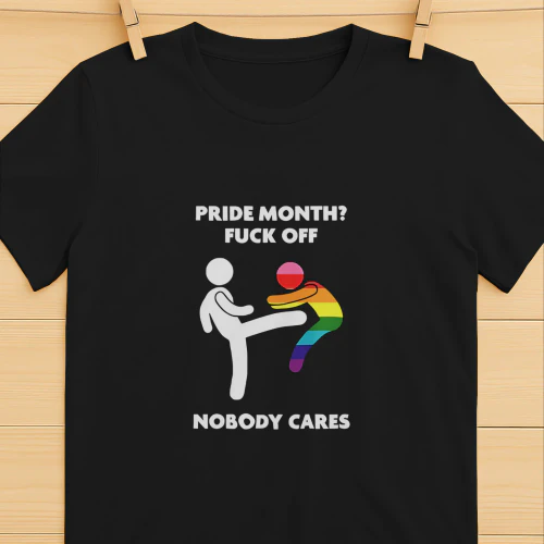 Stick figure kicking rainbow character pride month fuck off nobody cares shirt