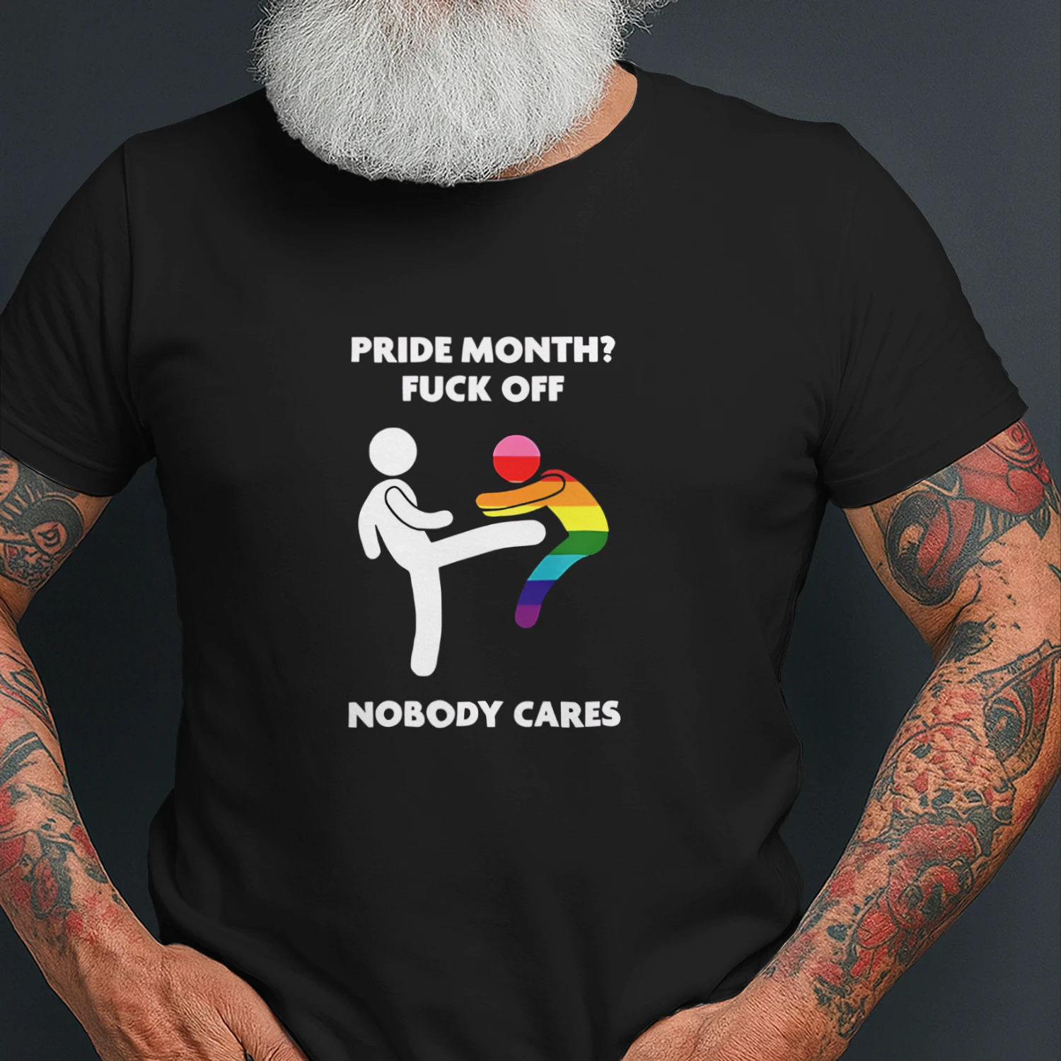 Stick figure kicking rainbow character pride month fuck off nobody cares shirt