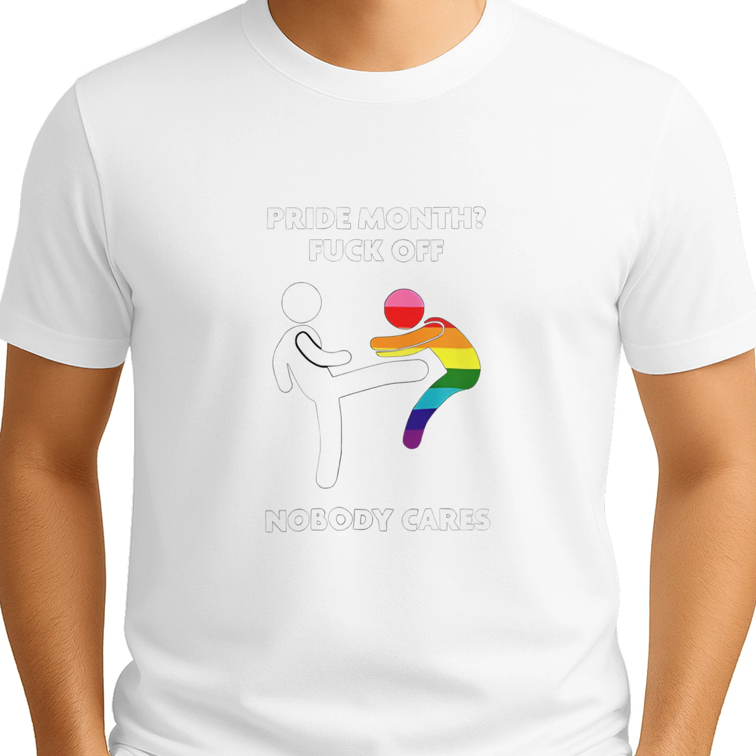 Stick figure kicking rainbow character pride month fuck off nobody cares shirt
